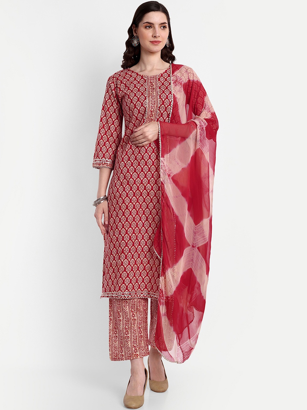 

SINGNI Ethnic Motifs Printed Gotta Patti Pure Cotton Kurta With Trousers & Dupatta, Red