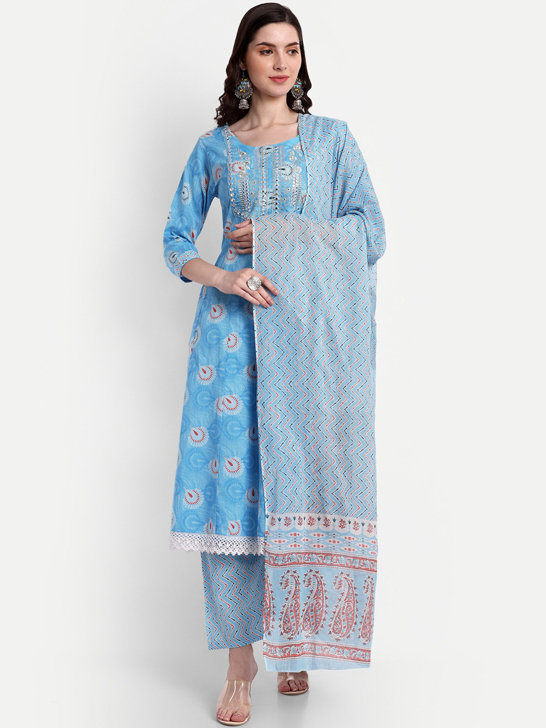 

SINGNI Ethnic Motifs Printed Mirror Work Pure Cotton Kurta With Trousers & Dupatta, Blue