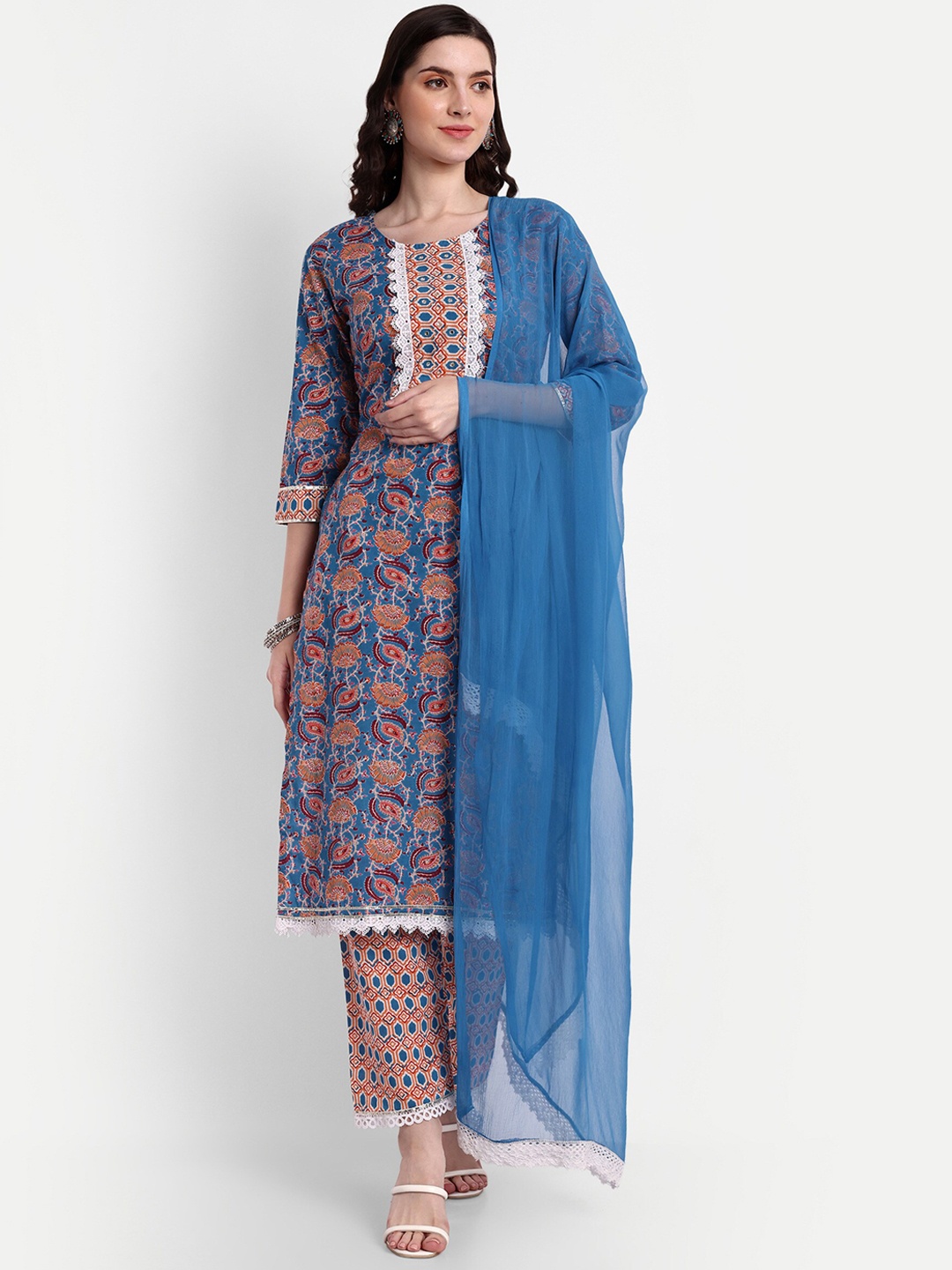 

SINGNI Ethnic Motifs Printed Pure Cotton Kurta With Trousers & Dupatta, Blue
