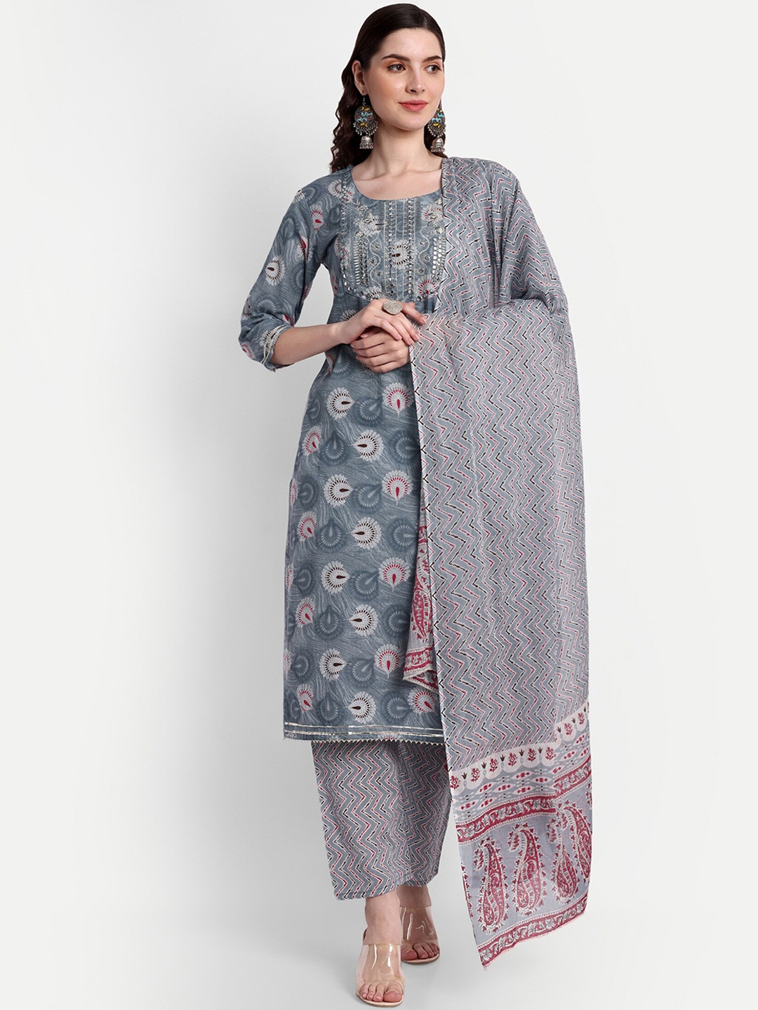 

SINGNI Ethnic Motifs Printed Mirror Work Pure Cotton Kurta With Trousers & Dupatta, Grey