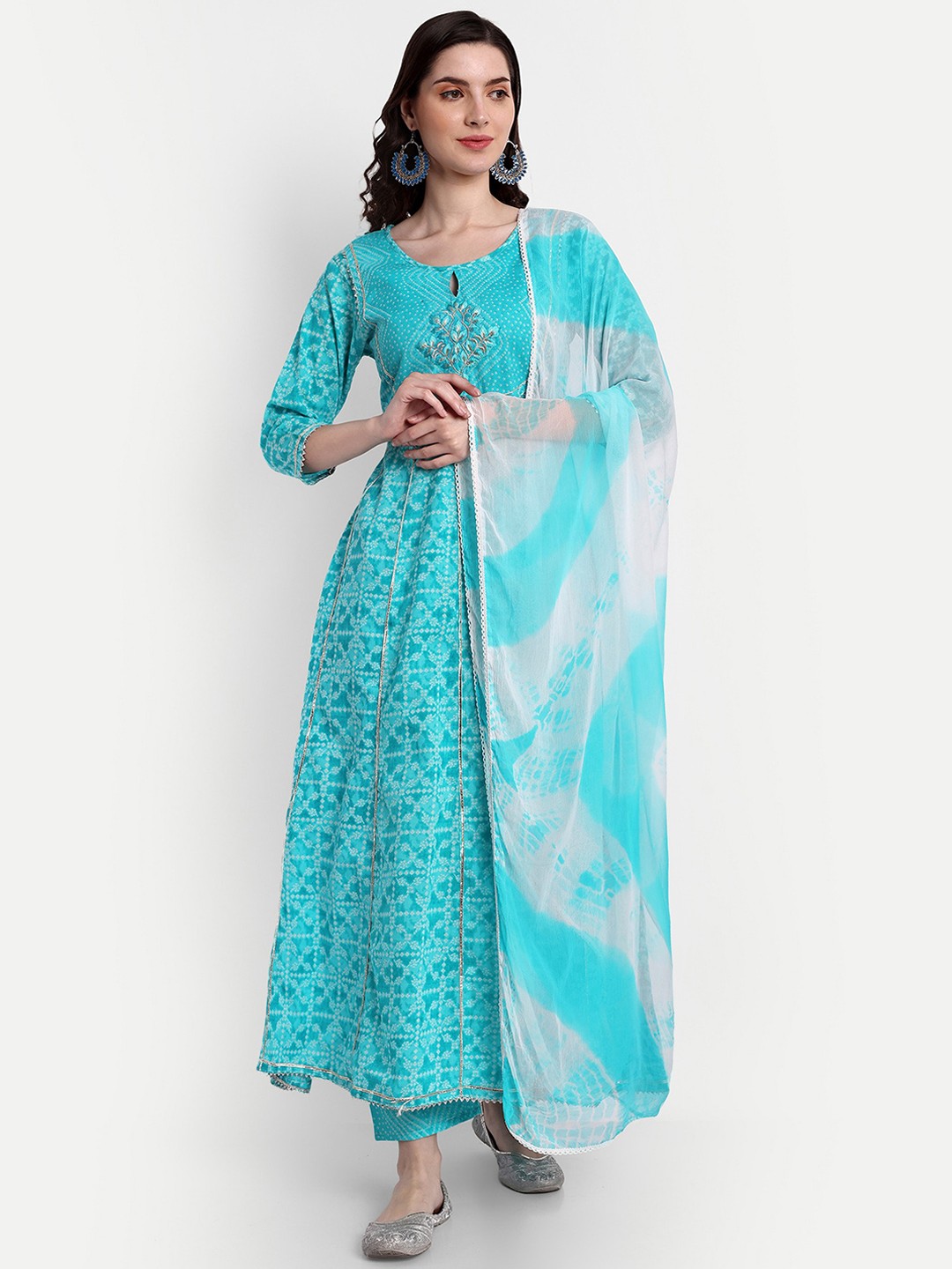 

SINGNI Ethnic Motifs Printed Gotta Patti Pure Cotton Kurta With Trousers & Dupatta, Blue
