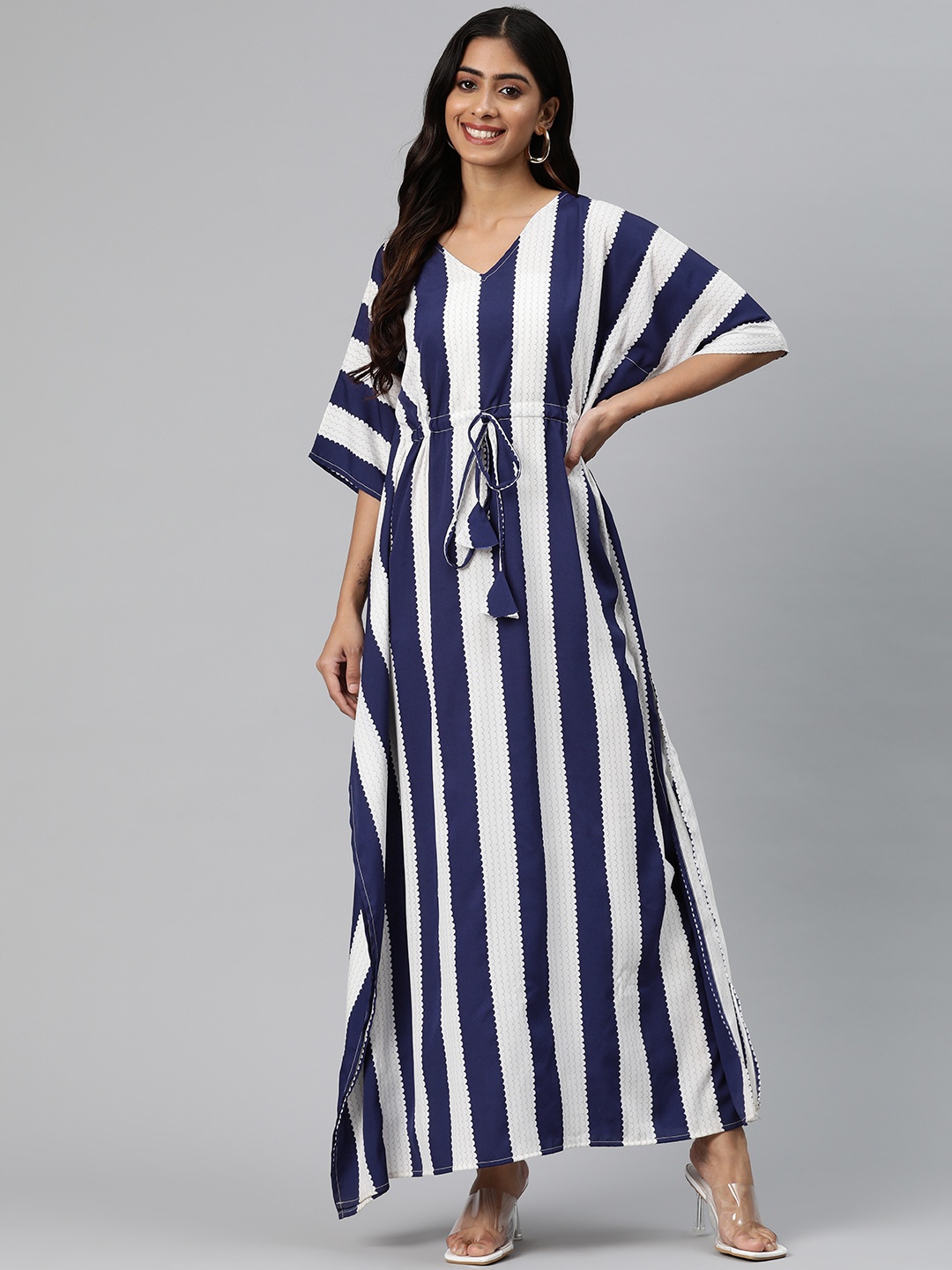 

Cottinfab Striped Kimono Sleeve Crepe Kaftan Maxi Dress, White