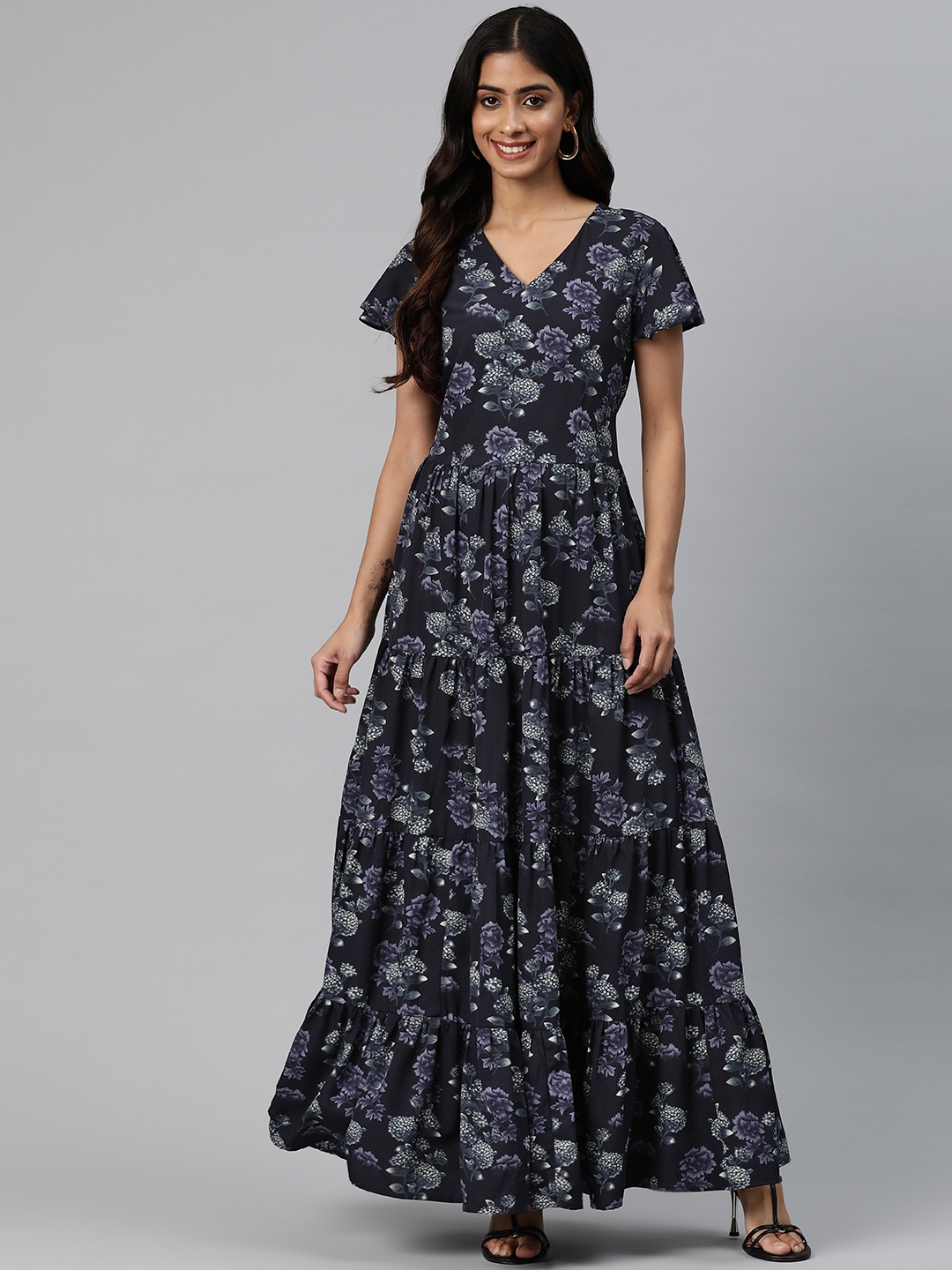 

Cottinfab Floral Print Flared Sleeve Crepe Maxi Dress, Navy blue