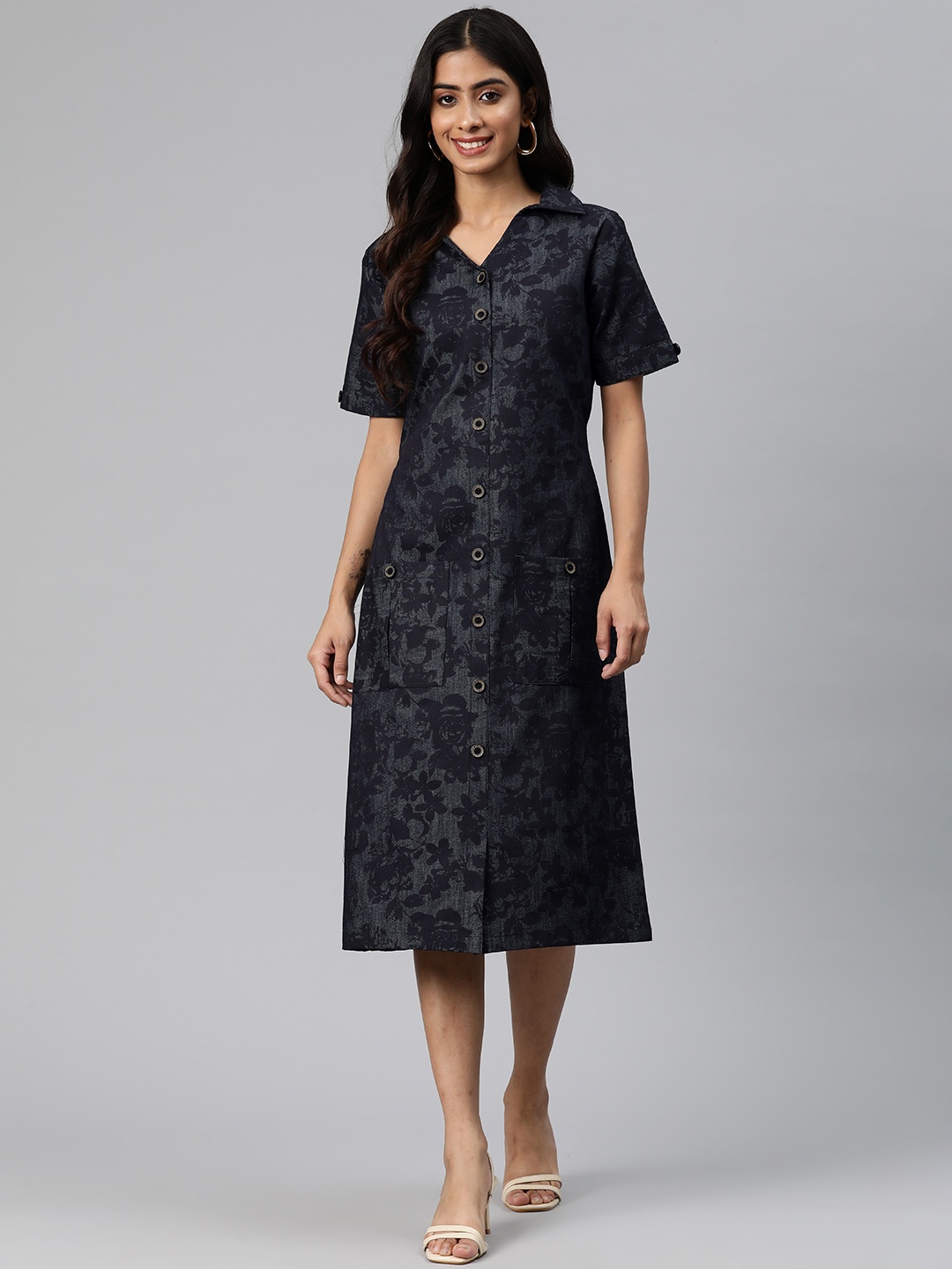 

Cottinfab Floral Print Denim Shirt Midi Dress, Navy blue