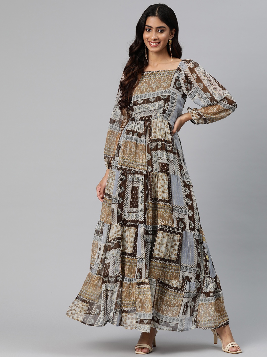 

Cottinfab Ethnic Motifs Print Puff Sleeve Georgette Maxi Dress, Off white