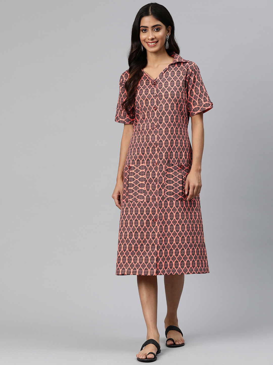 

Cottinfab Ethnic Motifs Print Shirt Midi Dress, Peach