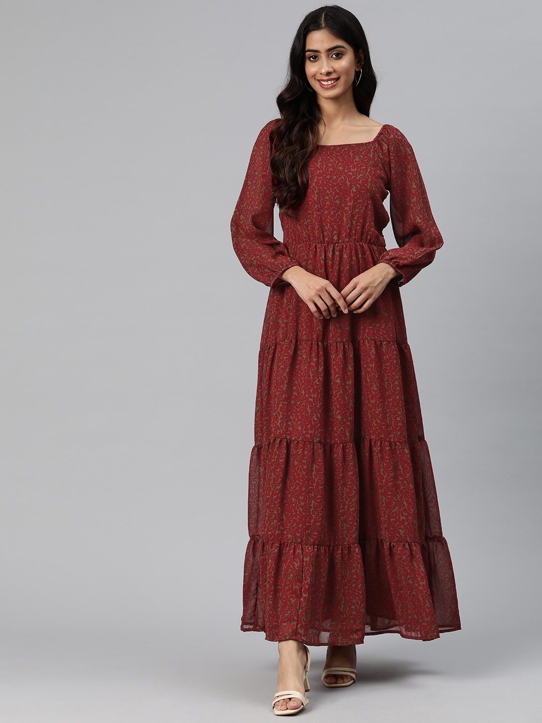 

Cottinfab Floral Print Puff Sleeve Georgette Maxi Dress, Brown