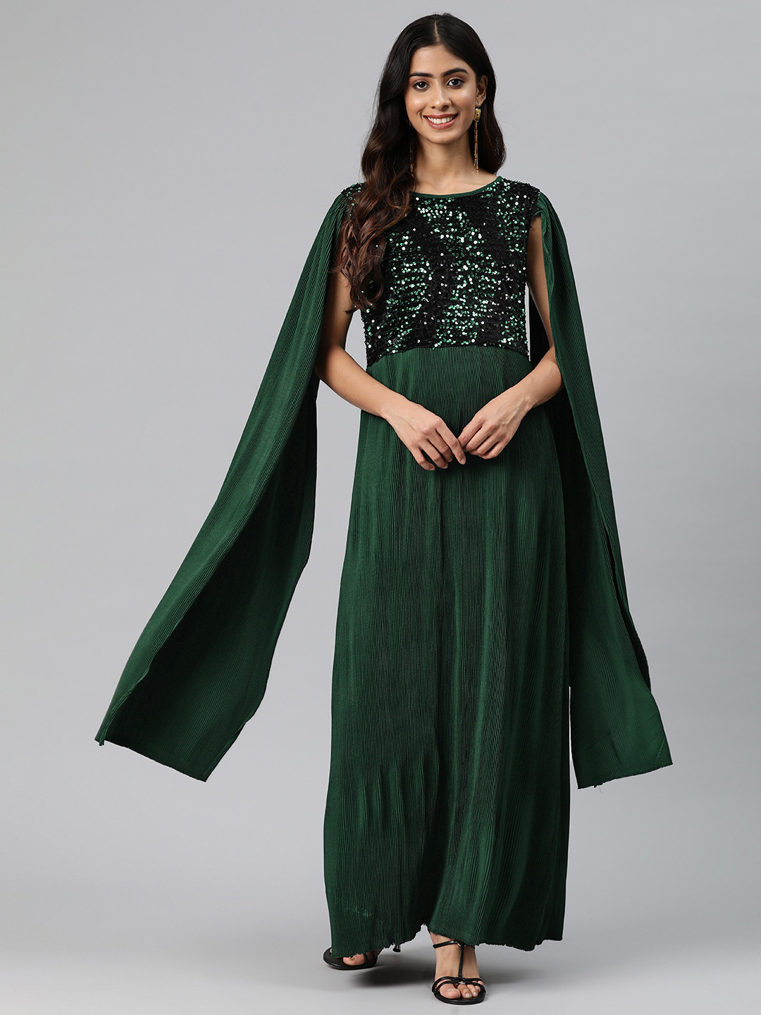 

Cottinfab Embellished Slit Sleeve Crepe Maxi Dress, Green