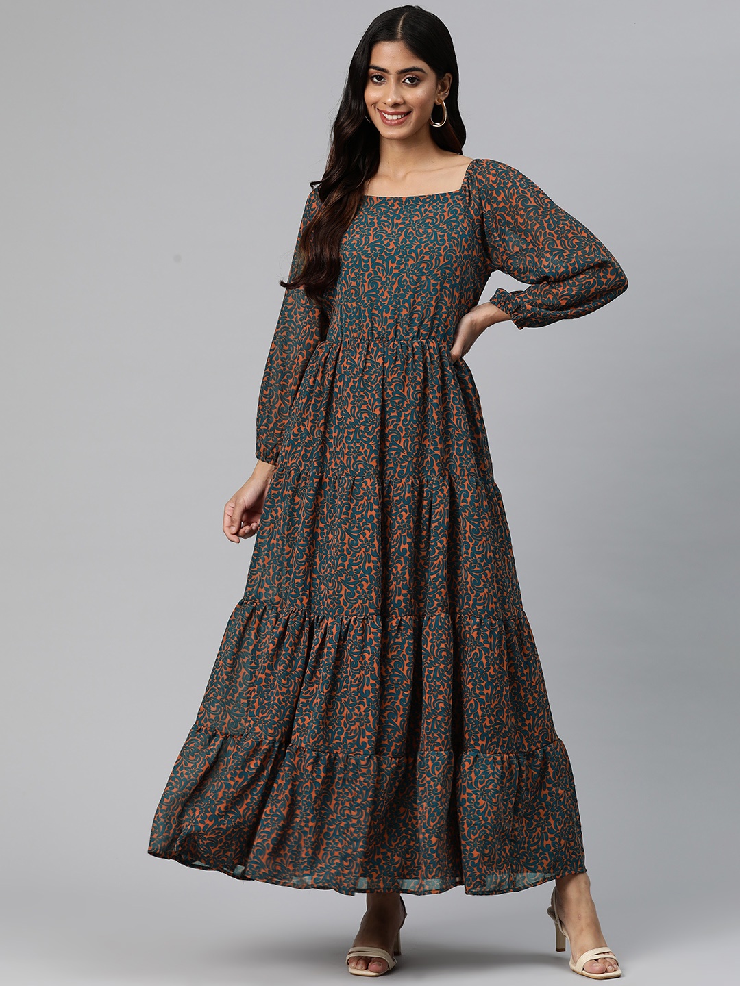 

Cottinfab Floral Print Puff Sleeve Georgette Maxi Dress, Rust