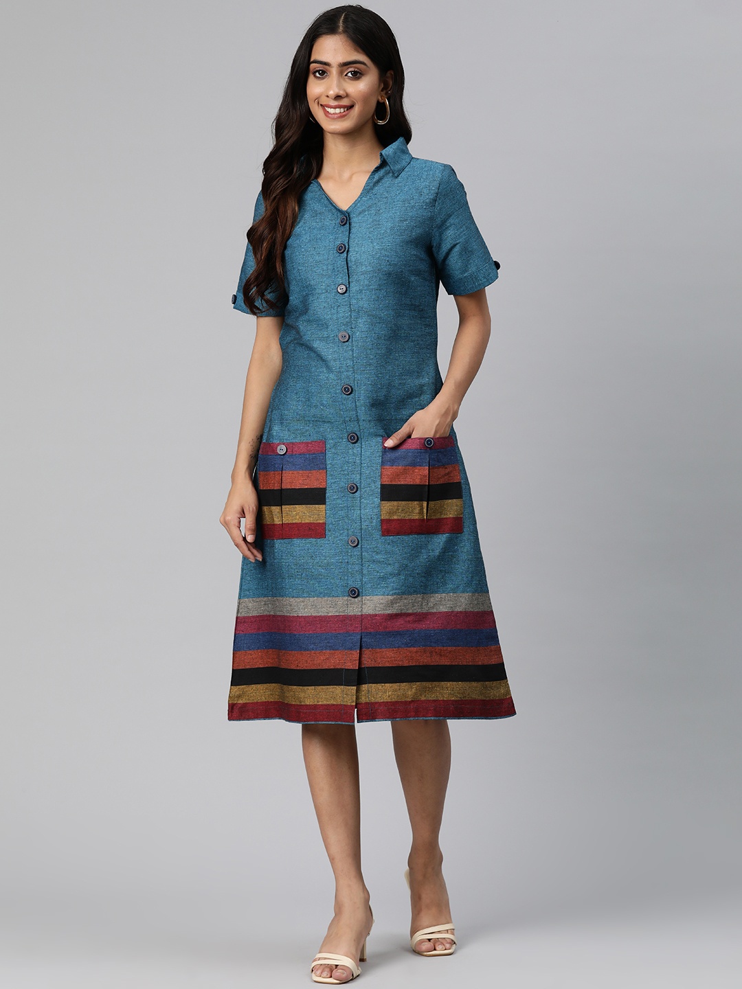 

Cottinfab Striped Shirt Dress, Blue