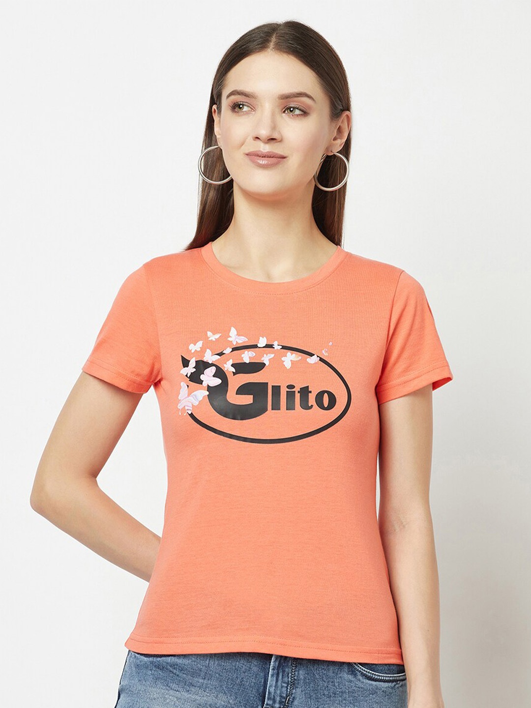 

GLITO Typography Printed Round Neck Cotton T-Shirt, Peach