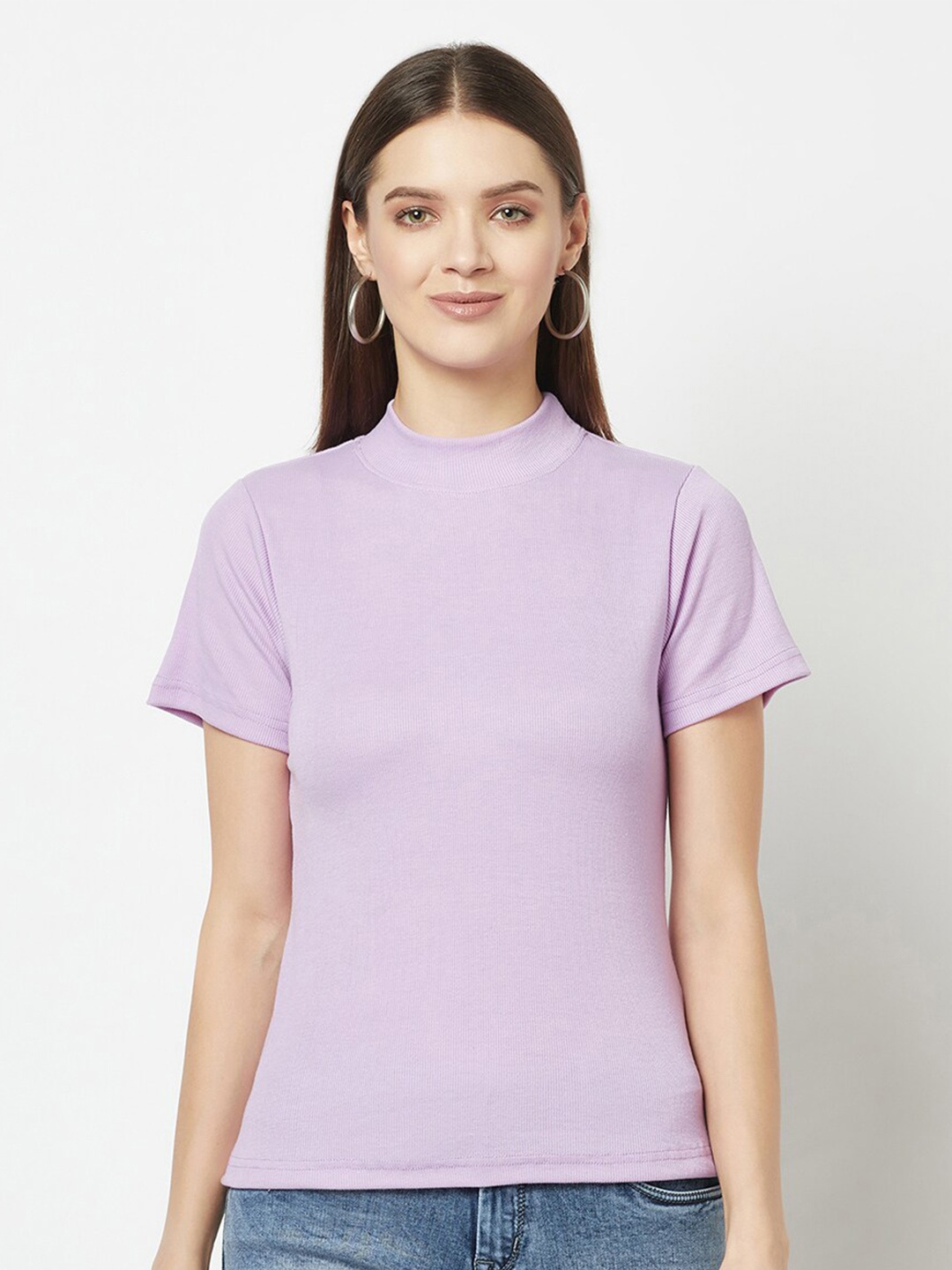 

GLITO High Neck Short Sleeve Ribbed Cotton Top, Lavender