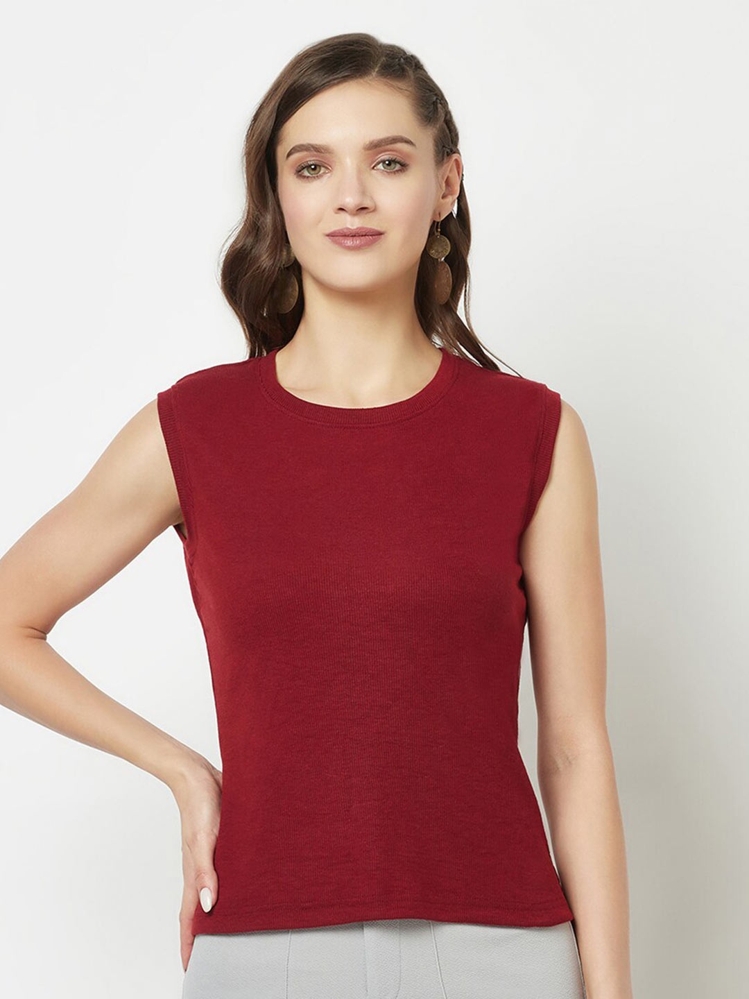 

GLITO Round Neck Sleeveless Ribbed Cotton Top, Maroon