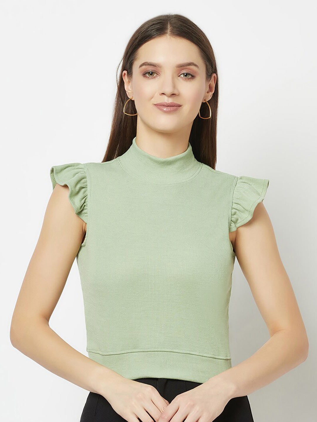 

GLITO High Neck Flutter Sleeve Fitted Cotton Top, Green