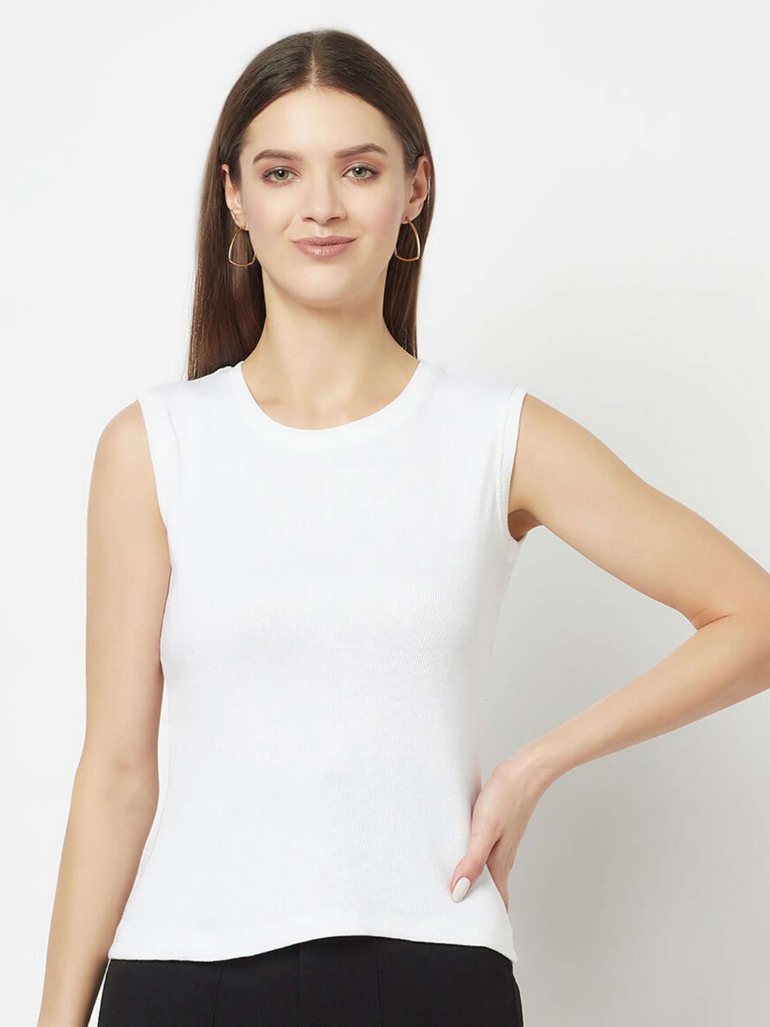 

GLITO Round Neck Sleeveless Ribbed Cotton Top, White