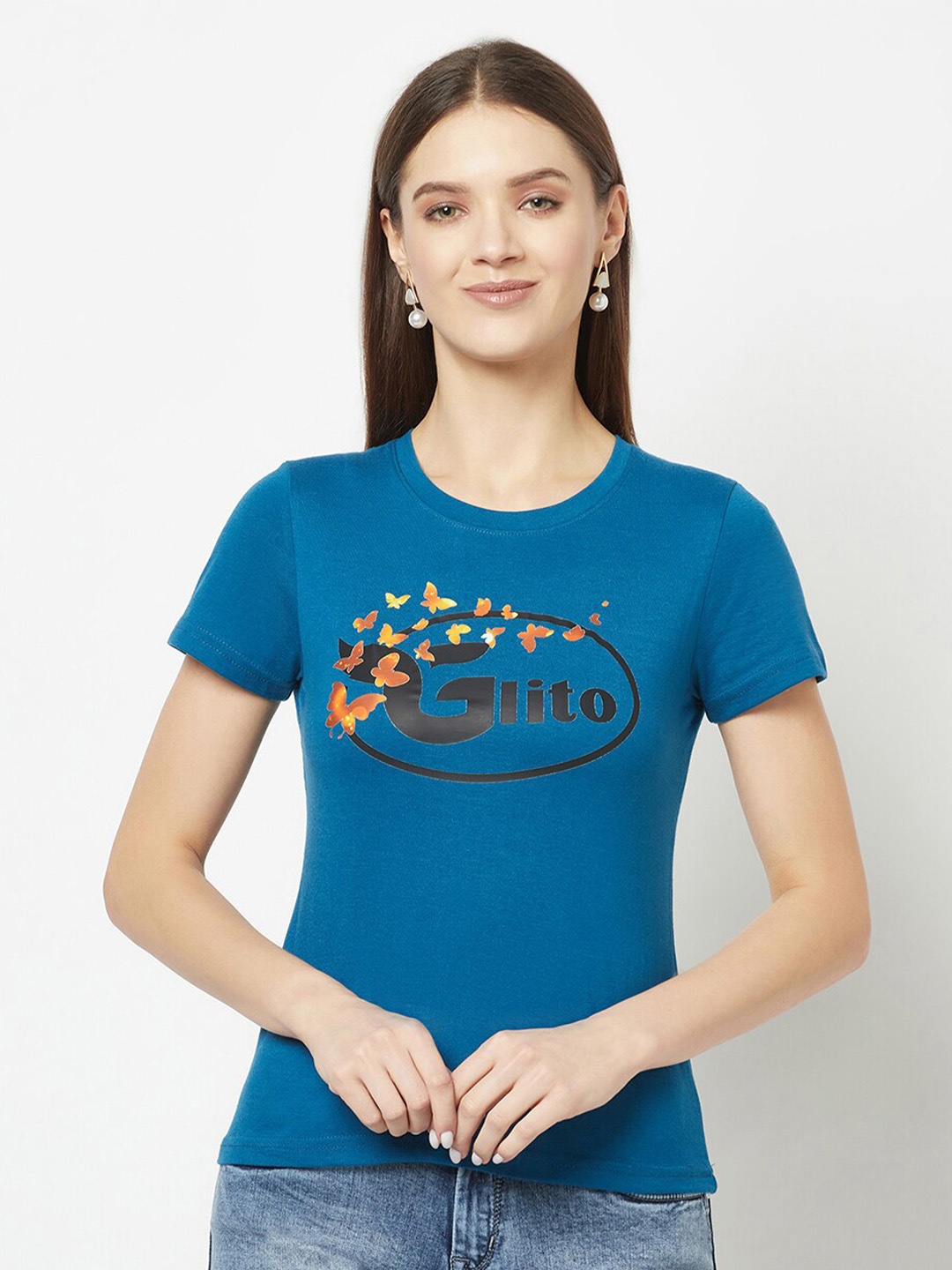 

GLITO Typography Printed Round Neck Cotton T-Shirt, Blue