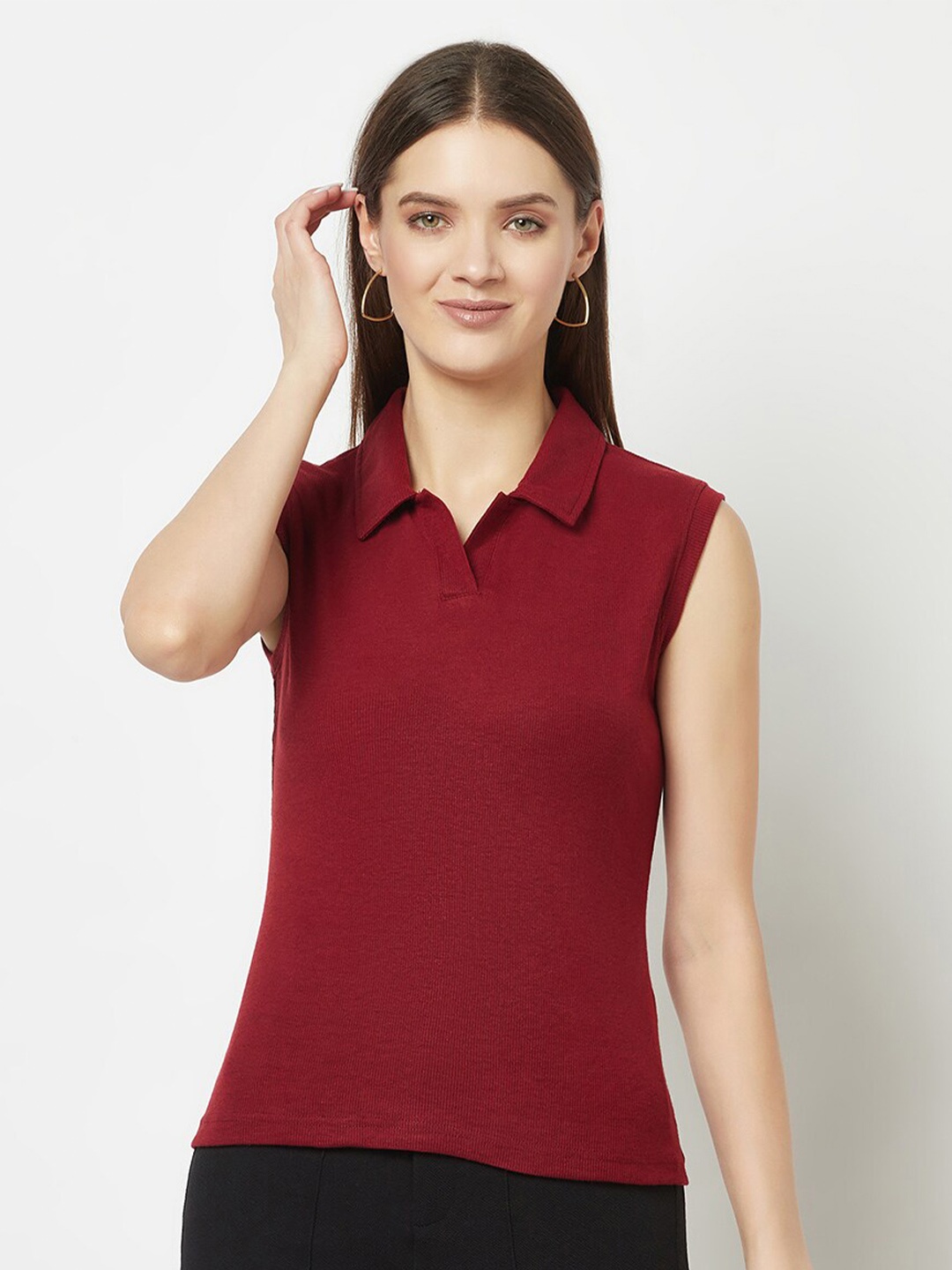 

GLITO Shirt Collar Sleeveless Ribbed Cotton Top, Maroon