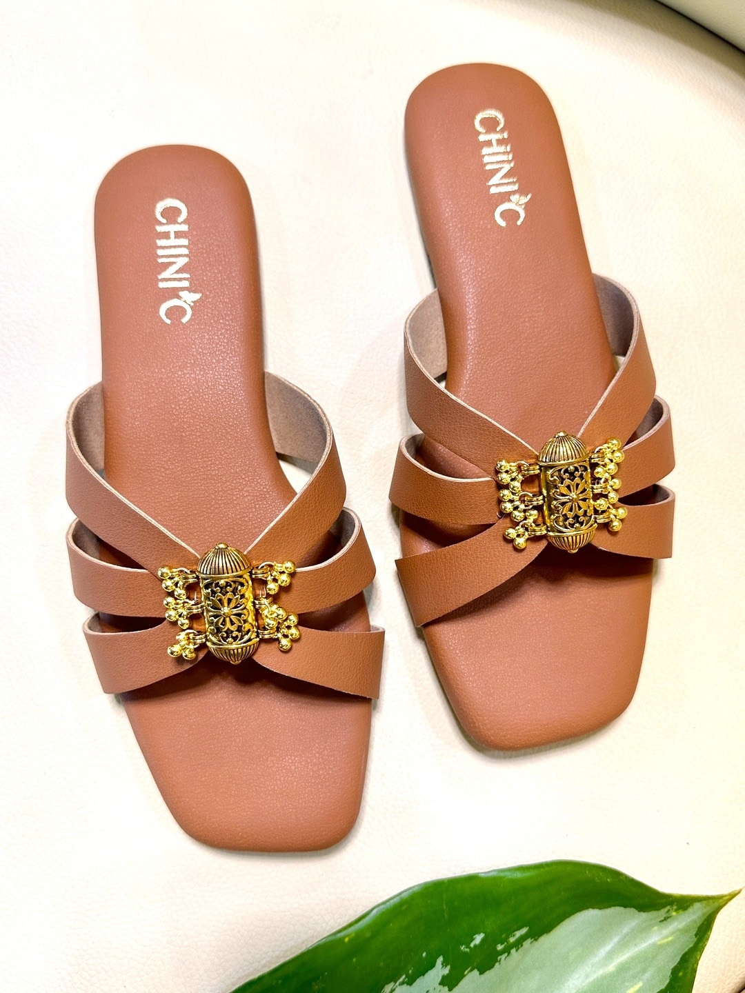 

CHINI C Embellished Open Toe Flats, Brown