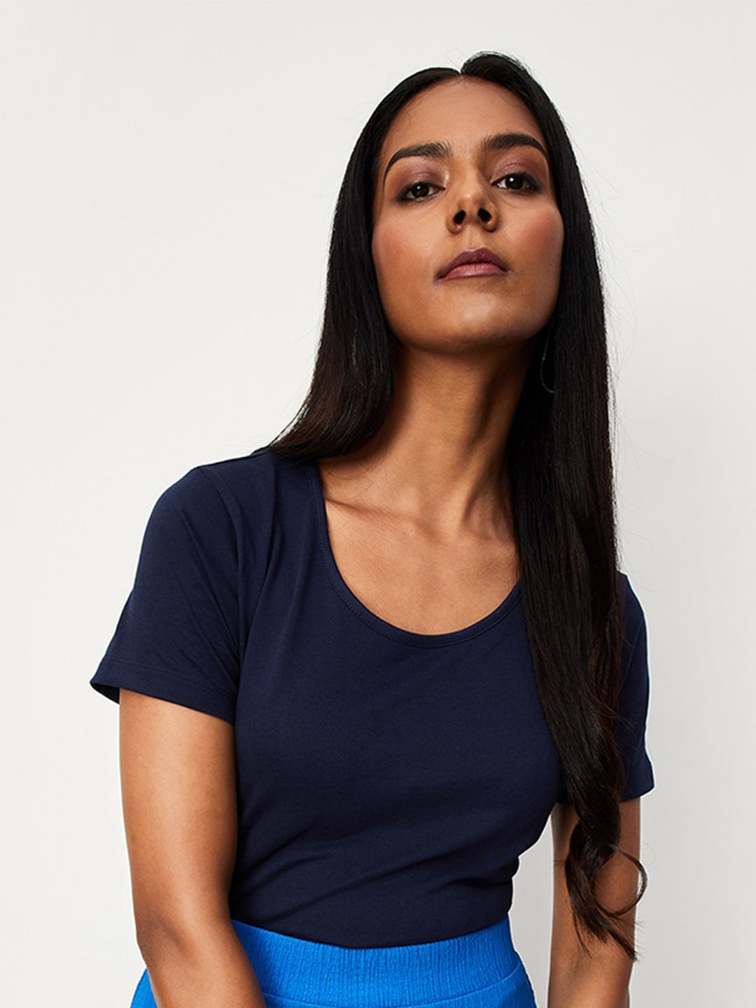 

max Round Neck Pure Cotton T-shirt, Navy blue