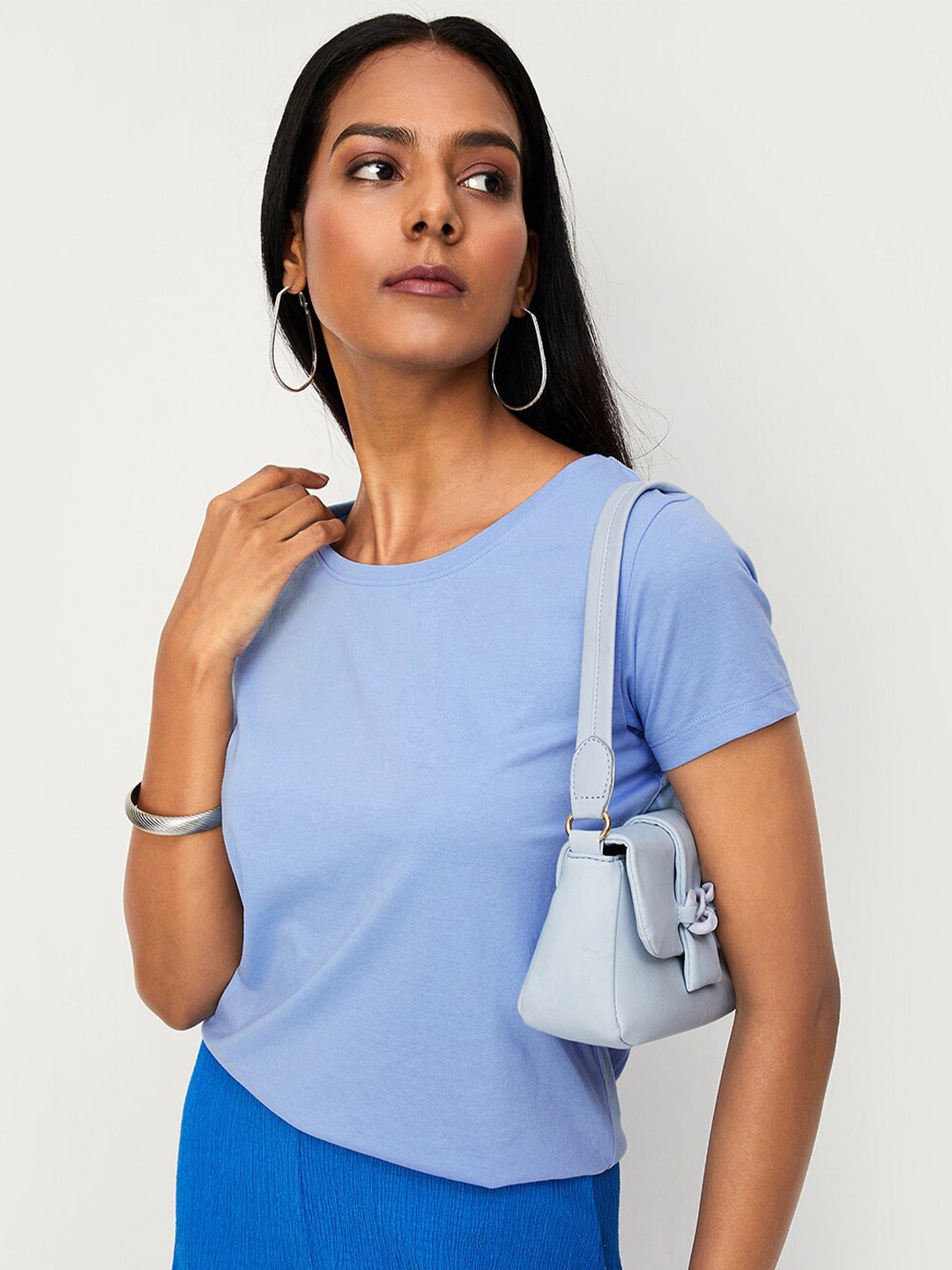 

max Round Neck Pure Cotton T-shirt, Blue