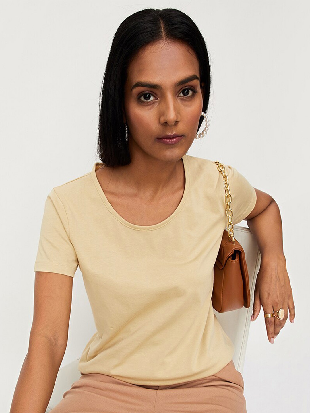 

max Pure Cotton Casual T-shirt, Beige
