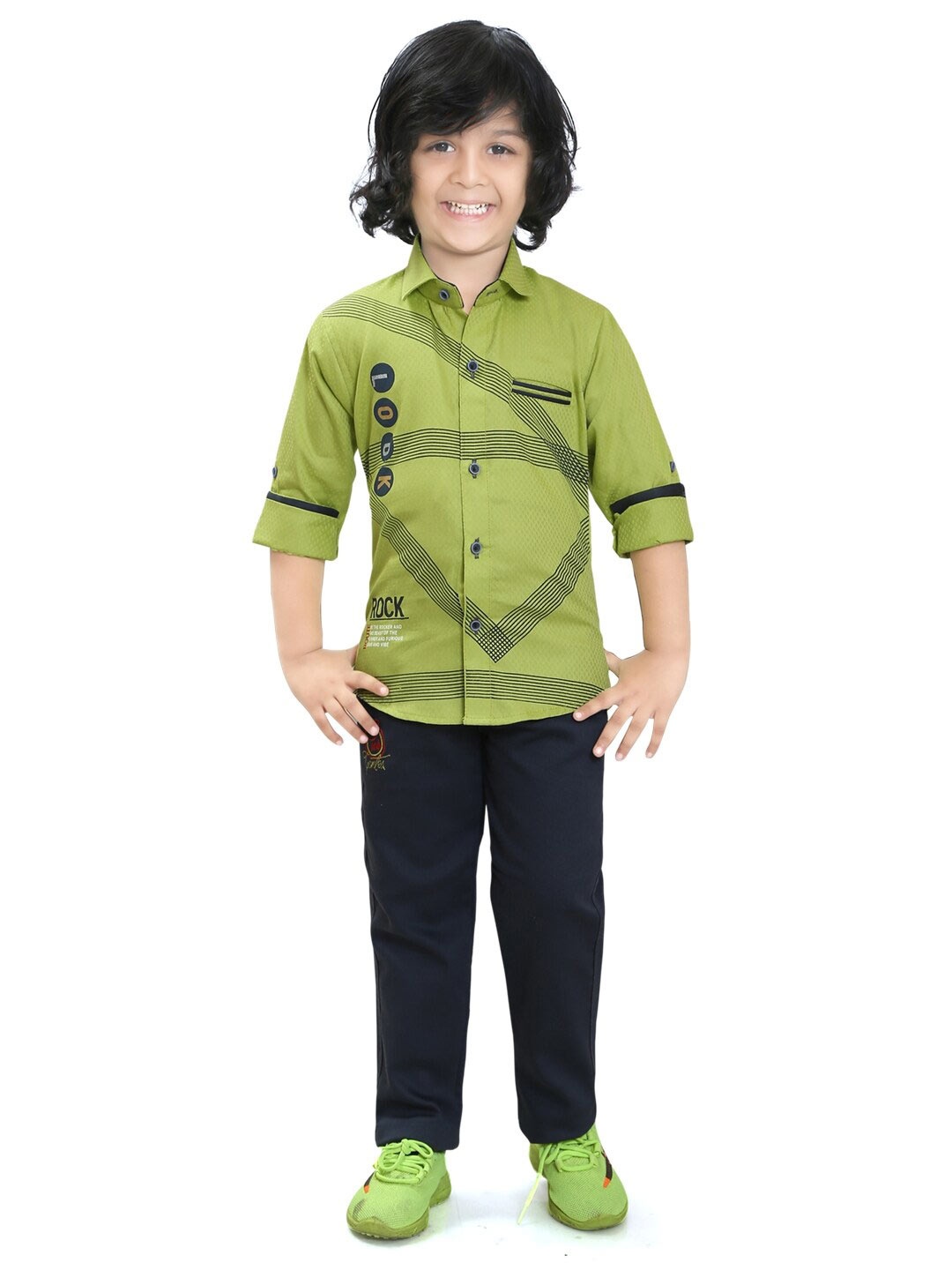 

TS TRENDS Boys Printed Shirt with Trousers, Green