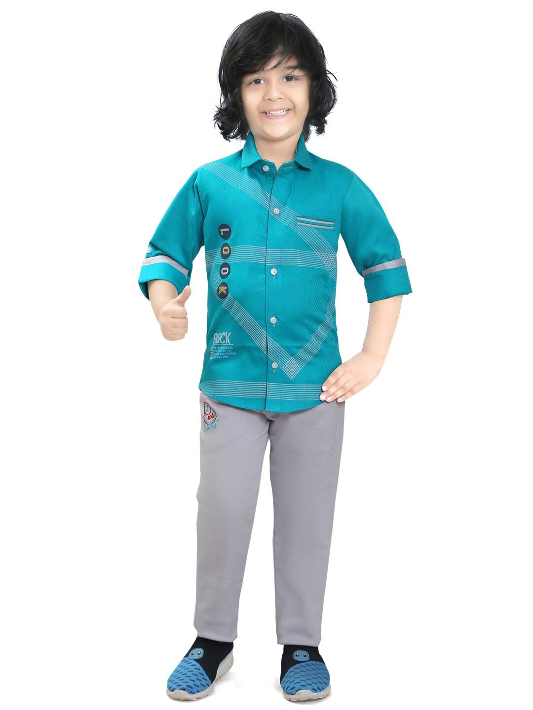 

TS TRENDS Boys Printed Pure Cotton Shirt With Trousers, Turquoise blue