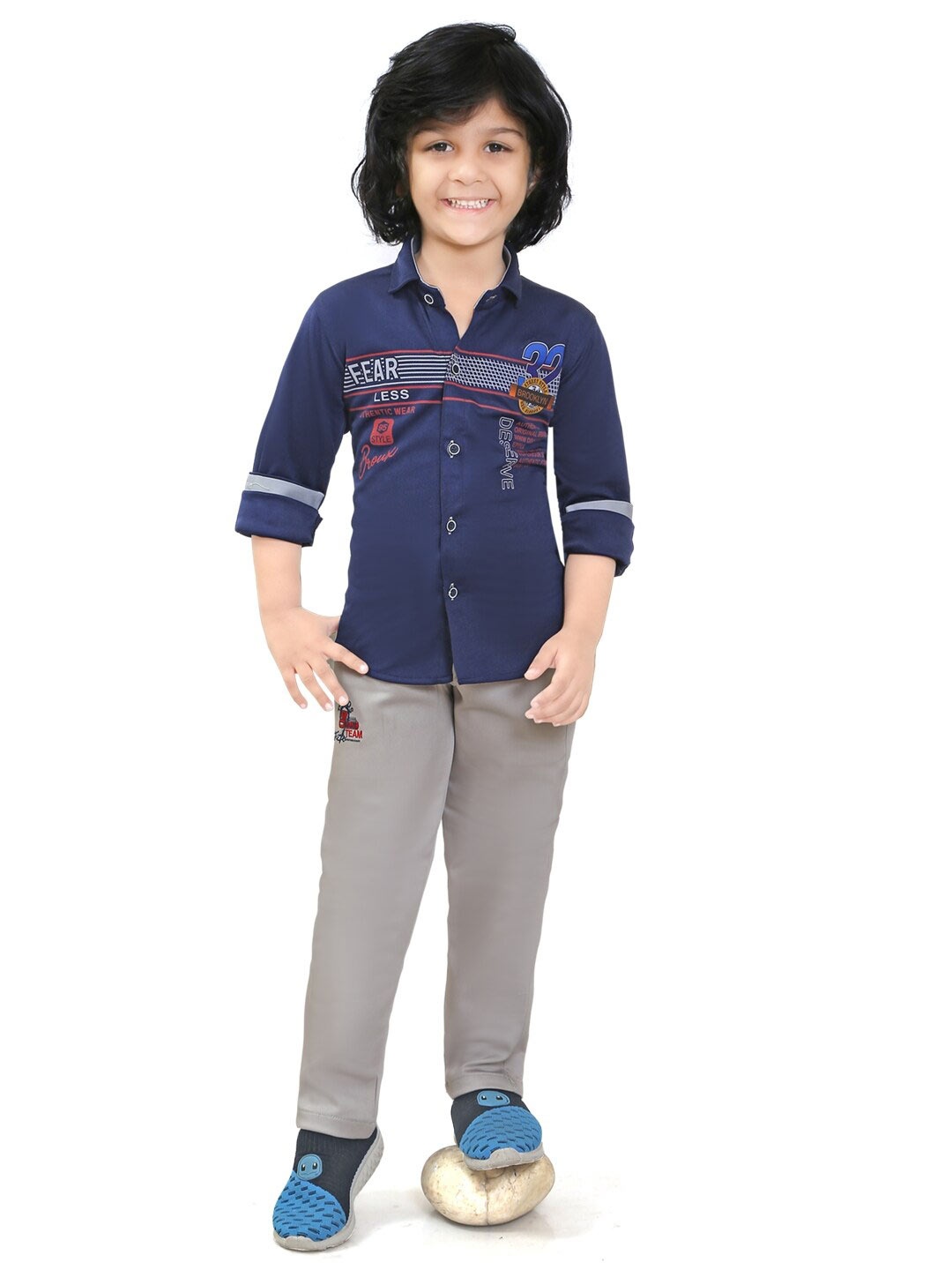 

TS TRENDS Boys Printed Pure Cotton Shirt With Trousers, Navy blue