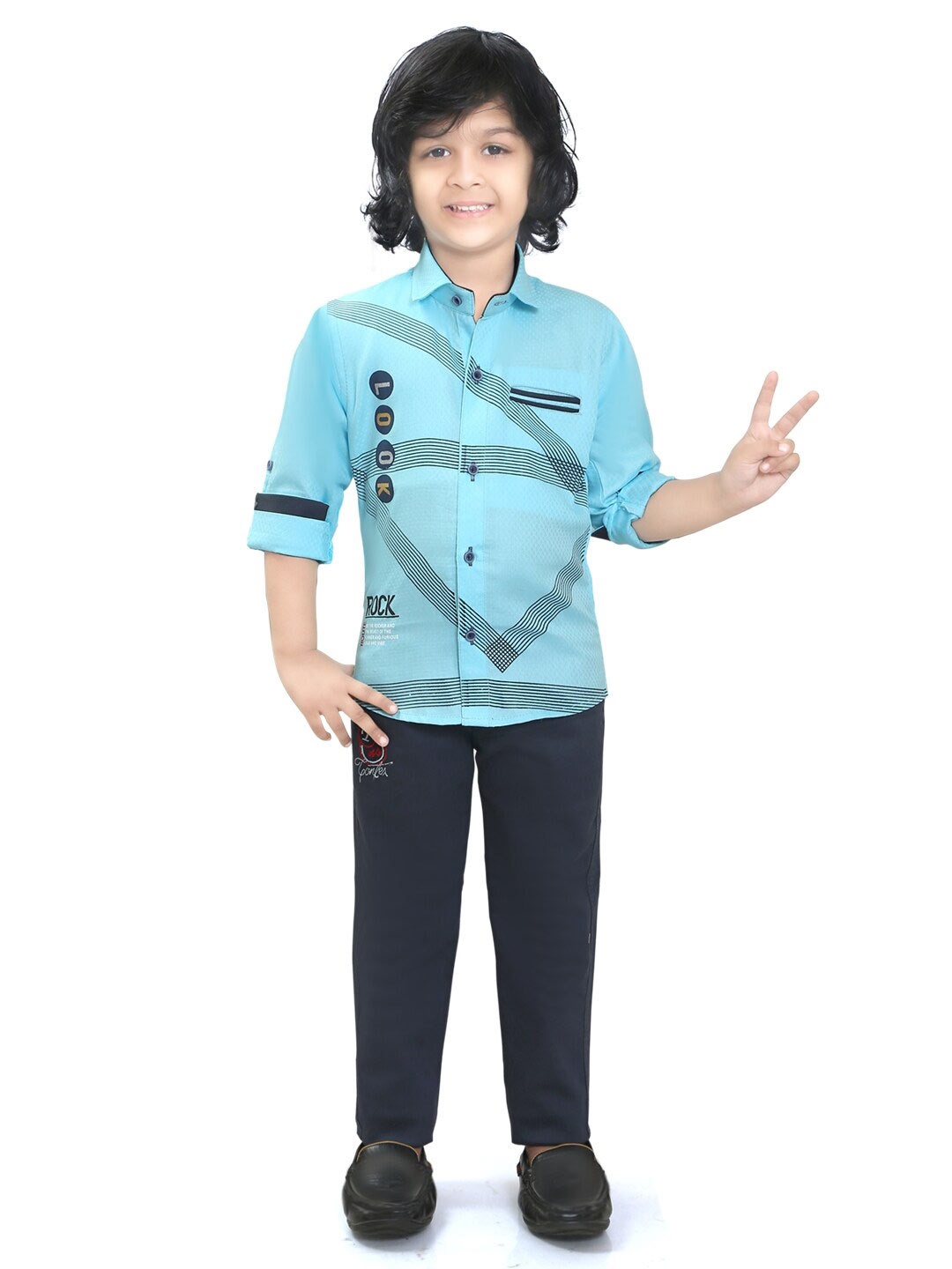 

TS TRENDS Boys Printed Pure Cotton Shirt With Trousers, Blue