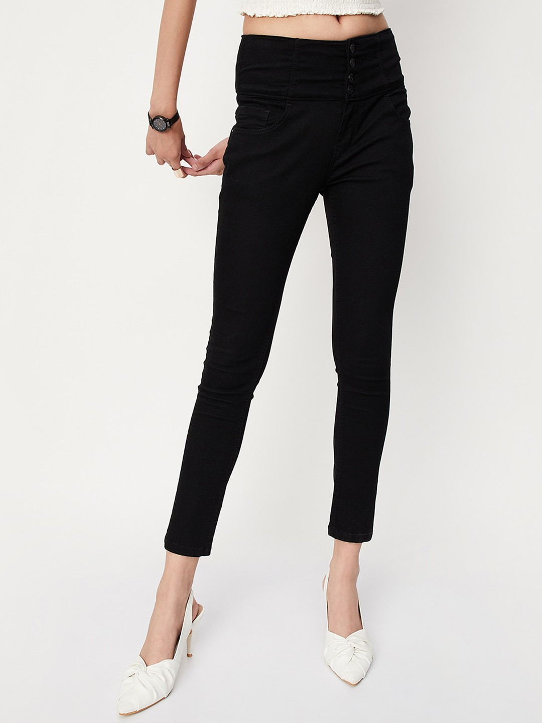 

max Women Cropped Mid-Rise Jeans, Black