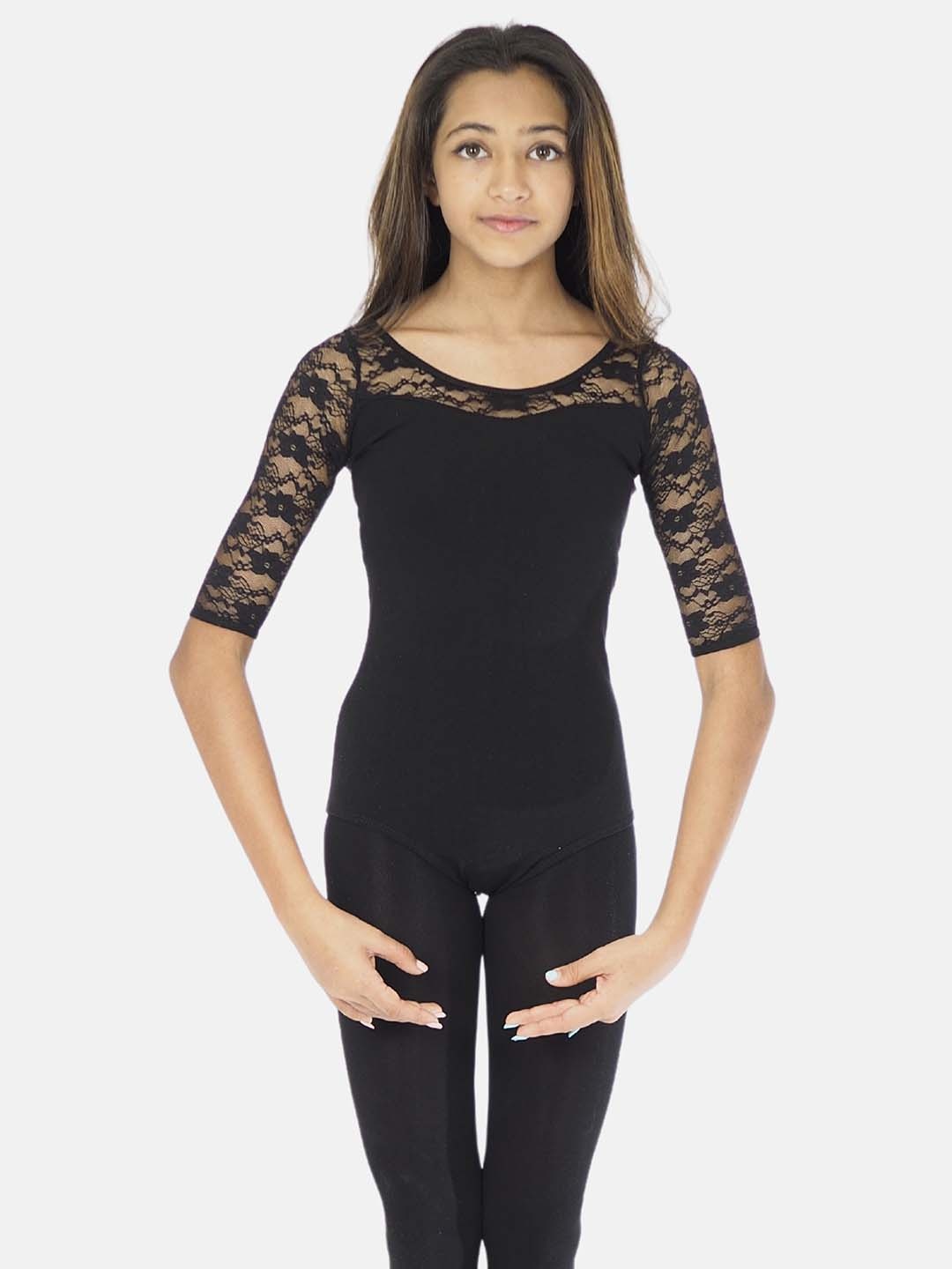 

IKAANYA Girls Self Design Long Sleeve Leotard Bodysuit, Black
