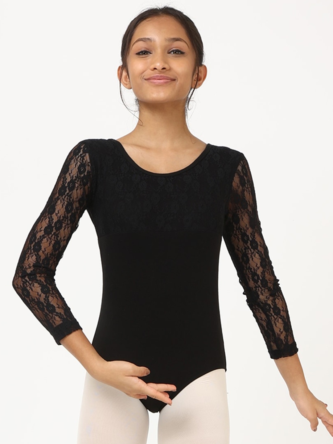 

IKAANYA Girls Self Design Lace Detailed Ballet Leotard Bodysuit, Black