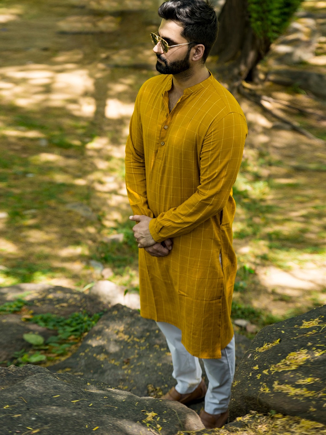 

INPE Checked Mandarin Collar Cotton Kurta, Yellow