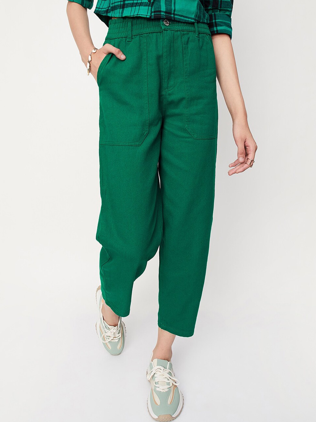 

max Women Mid-Rise Pure Cotton Trousers, Green