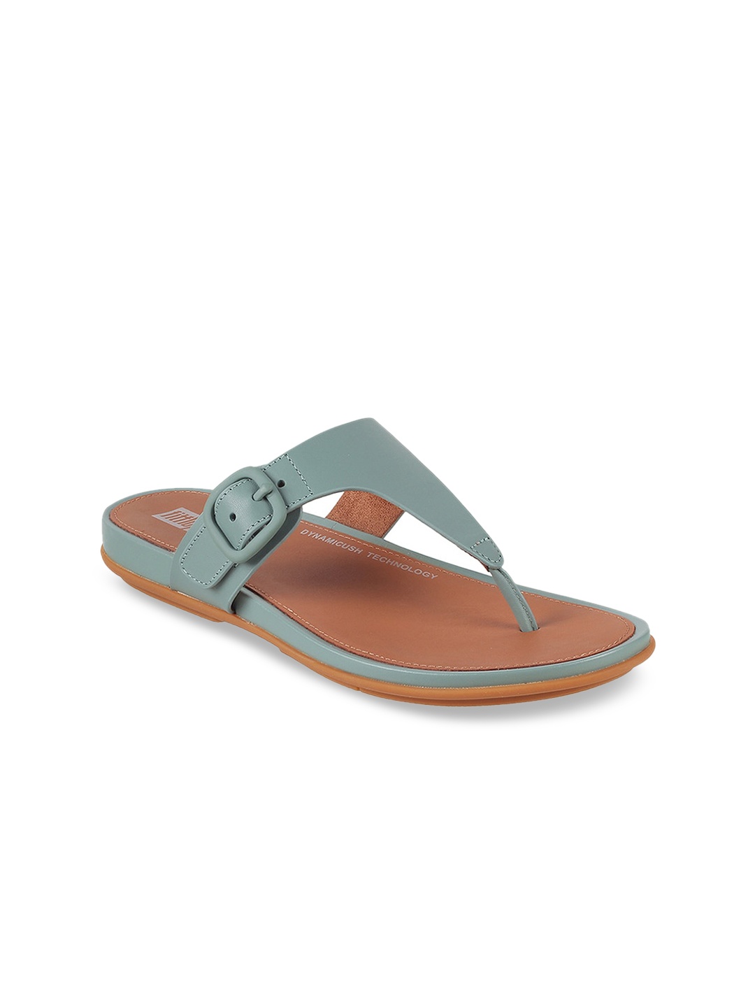 

fitflop Women Open Toe Leather T-Strap Flats With Buckle Detail, Sea green