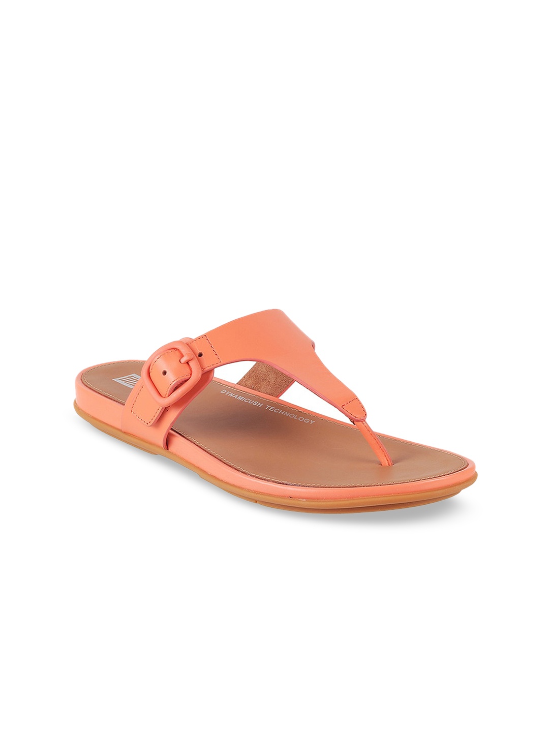 

fitflop Women Open Toe Leather T-Strap Flats With Buckle Detail, Peach