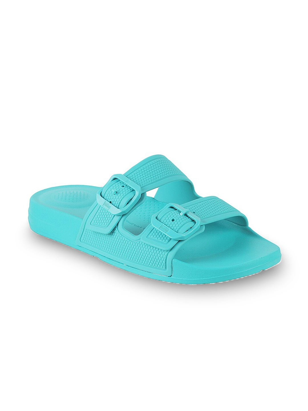 

fitflop Women Two Strap Buckle Detail Rubber Sliders, Blue