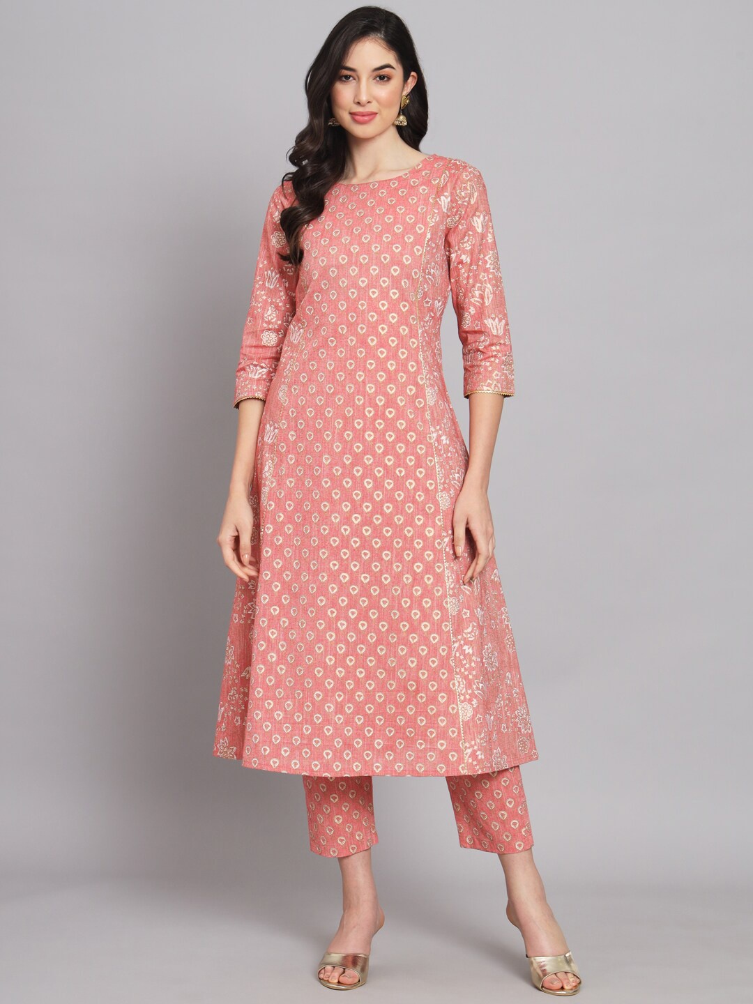 

Sutidora Ethnic Motifs Printed Gotta Patti Regular Pure Cotton Kurta With Trousers, Pink