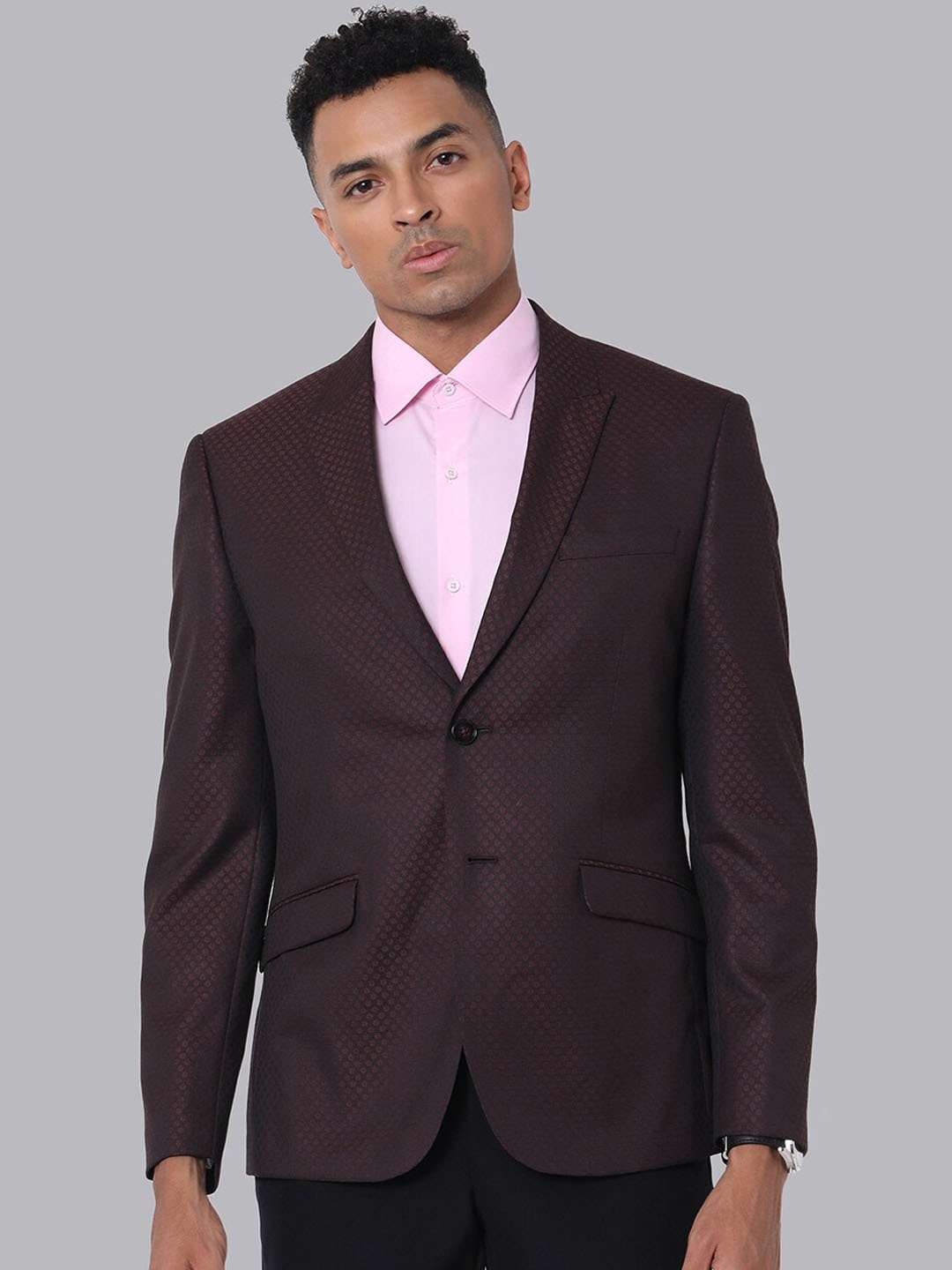 

V Dot Self-Design Slim-Fit Single Breasted Blazer, Maroon