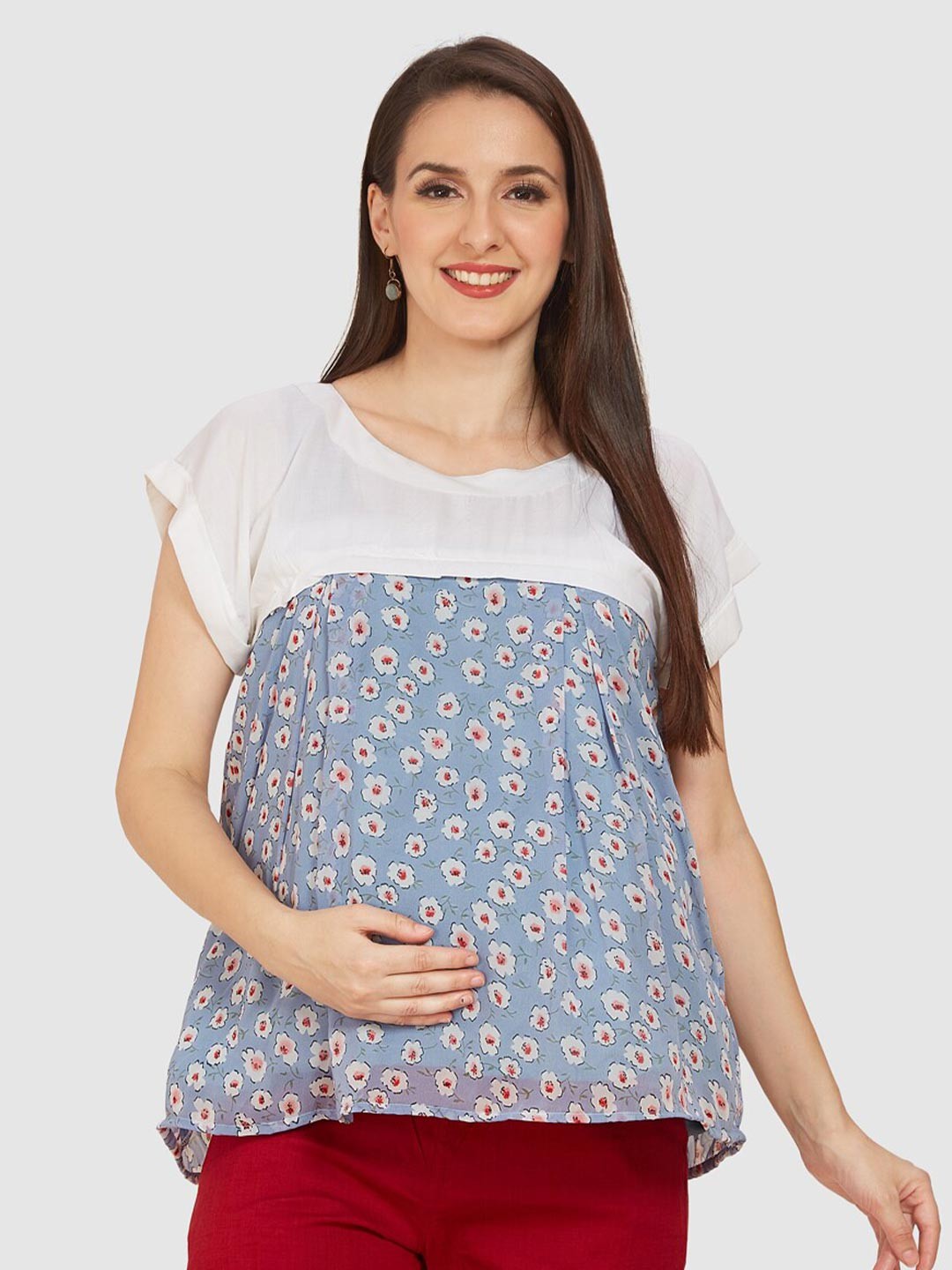 Mom For Sure by Ketki Dalal Floral Printed Extended Sleeves Georgette Maternity Top, Blue