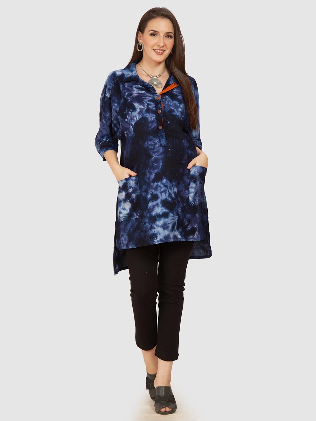 

Mom For Sure by Ketki Dalal Maternity Dyed Shirt Collar High Low Kurta, Navy blue