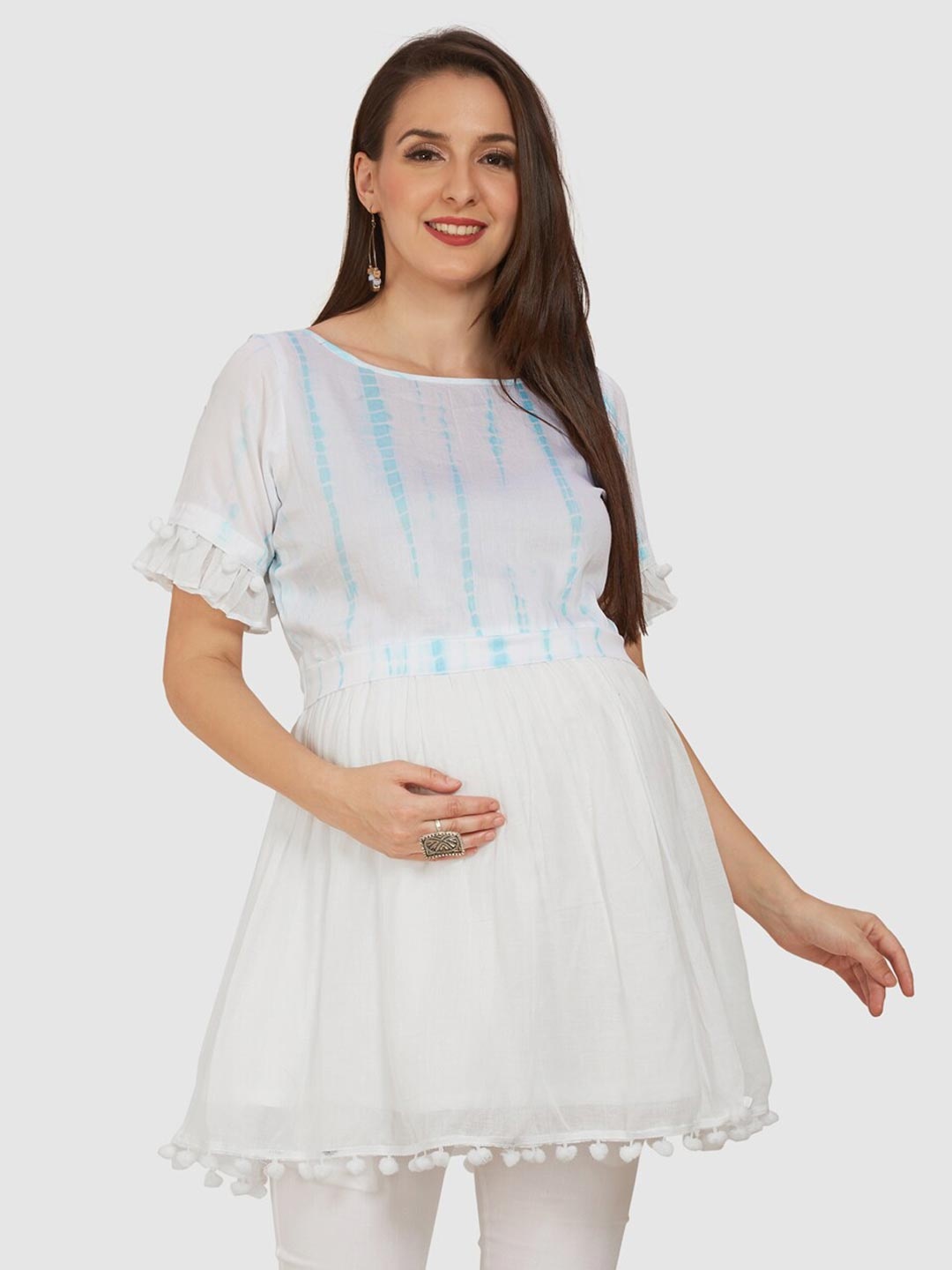 

Mom For Sure by Ketki Dalal Tie and Dye Cotton Maternity A-line Top, White