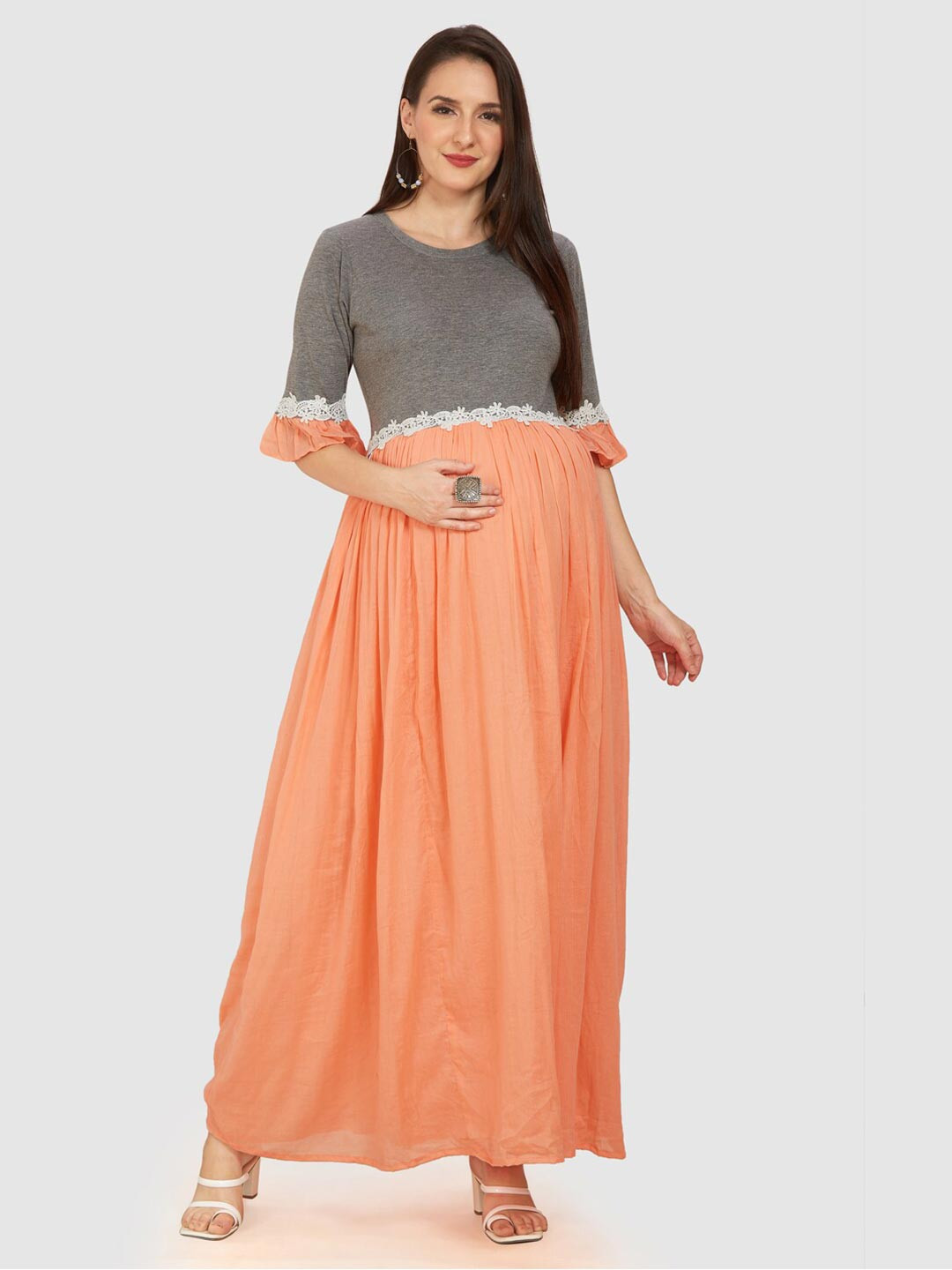 

Mom For Sure by Ketki Dalal Pink Colourblocked Maternity Pure Cotton Maxi Dress, Orange
