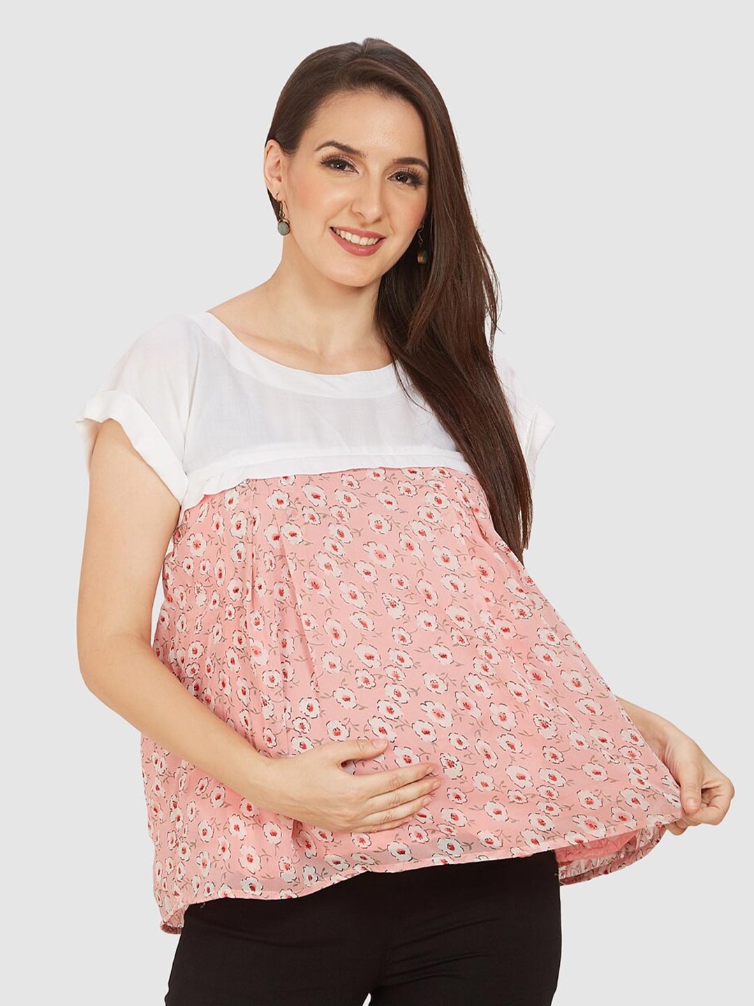 

Mom For Sure by Ketki Dalal Floral Printed Extended Sleeves Maternity Top, Pink