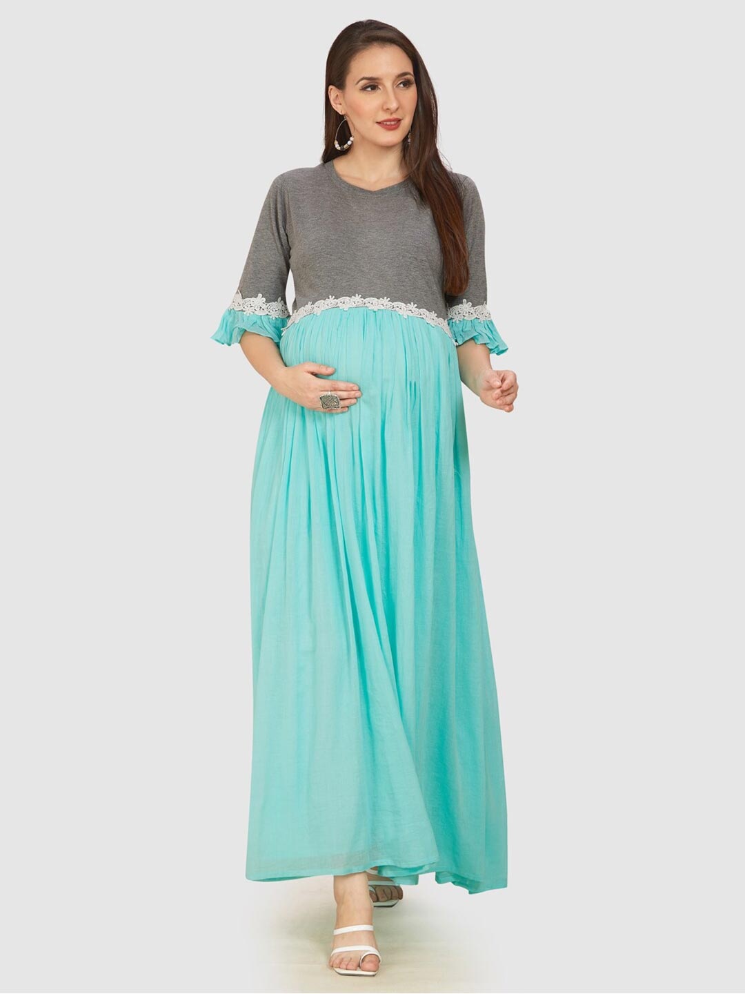 

Mom For Sure by Ketki Dalal Gathered Maternity Maxi Dress, Sea green