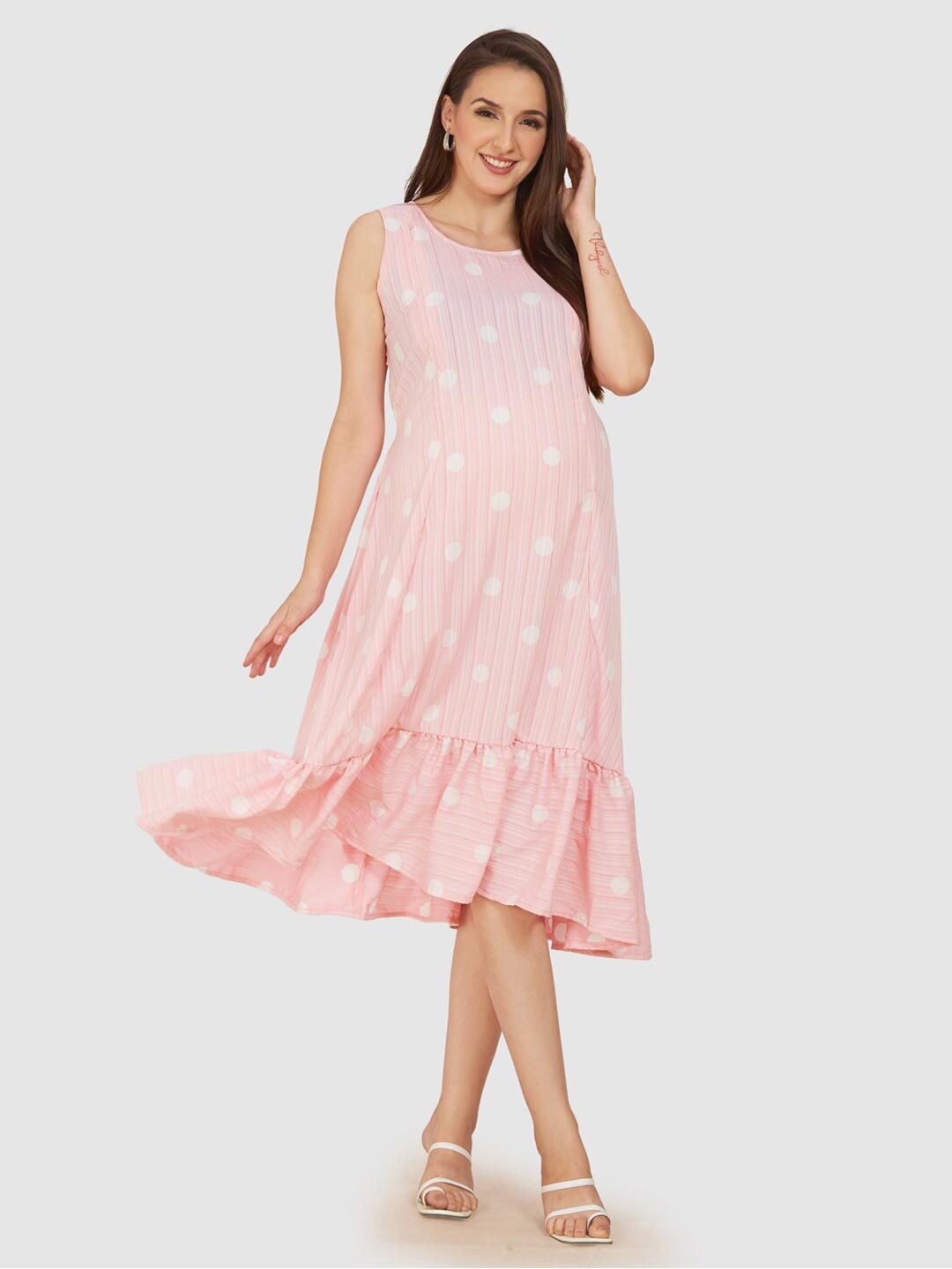 

Mom For Sure by Ketki Dalal Polka Dots Printed Maternity A-Line Midi Dress, Peach