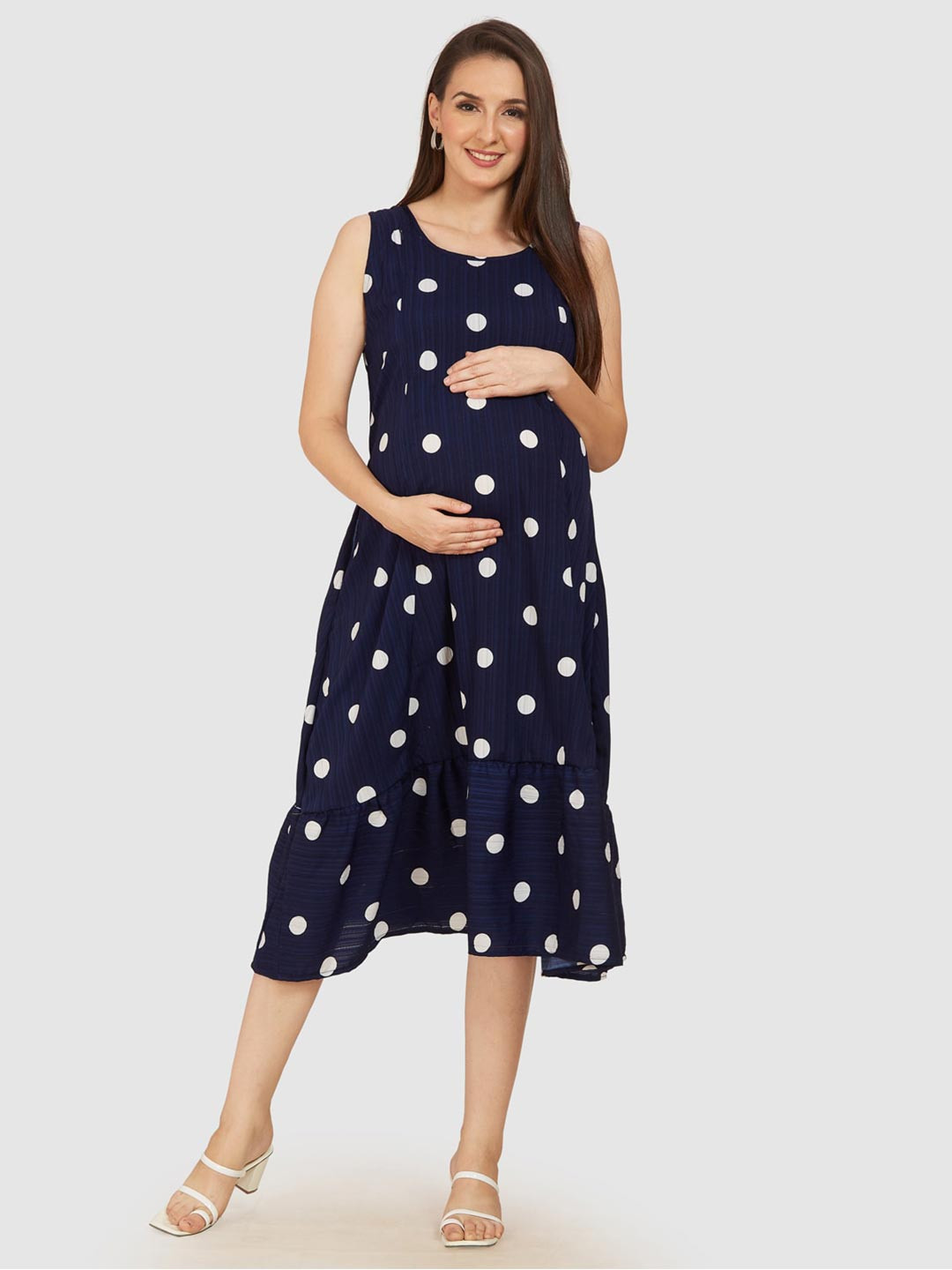 

Mom For Sure by Ketki Dalal Polka Dot Printed Tie-ups Detail Maternity Fit & Flare Dress, Navy blue