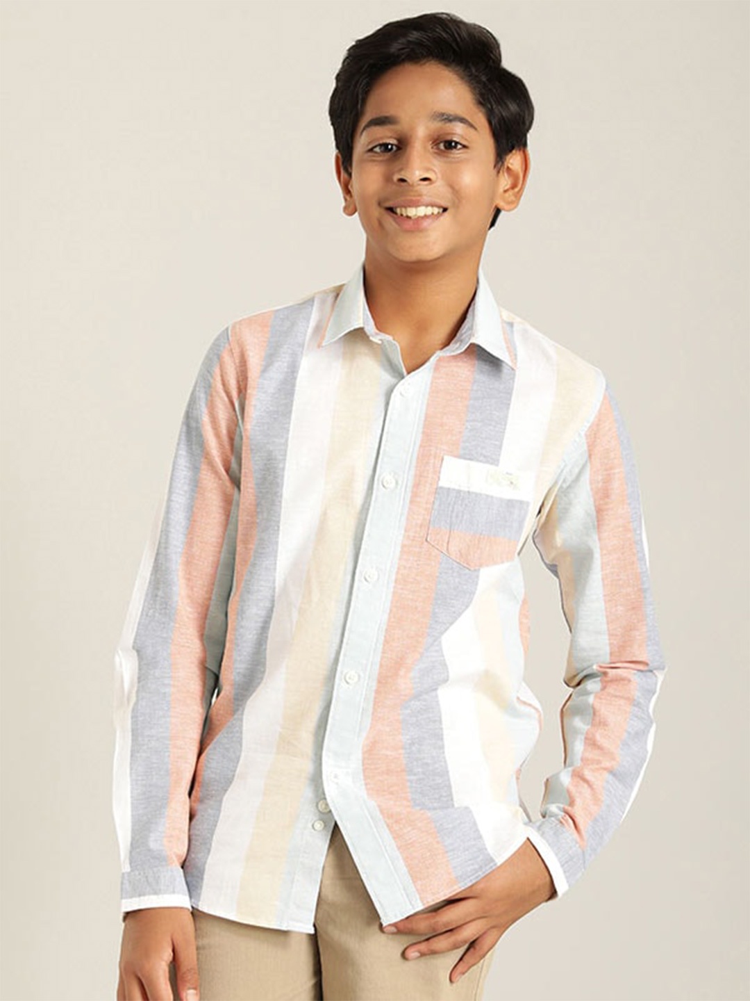 

Indian Terrain Boys Classic Fit Striped Casual Pure Cotton Shirt, Blue