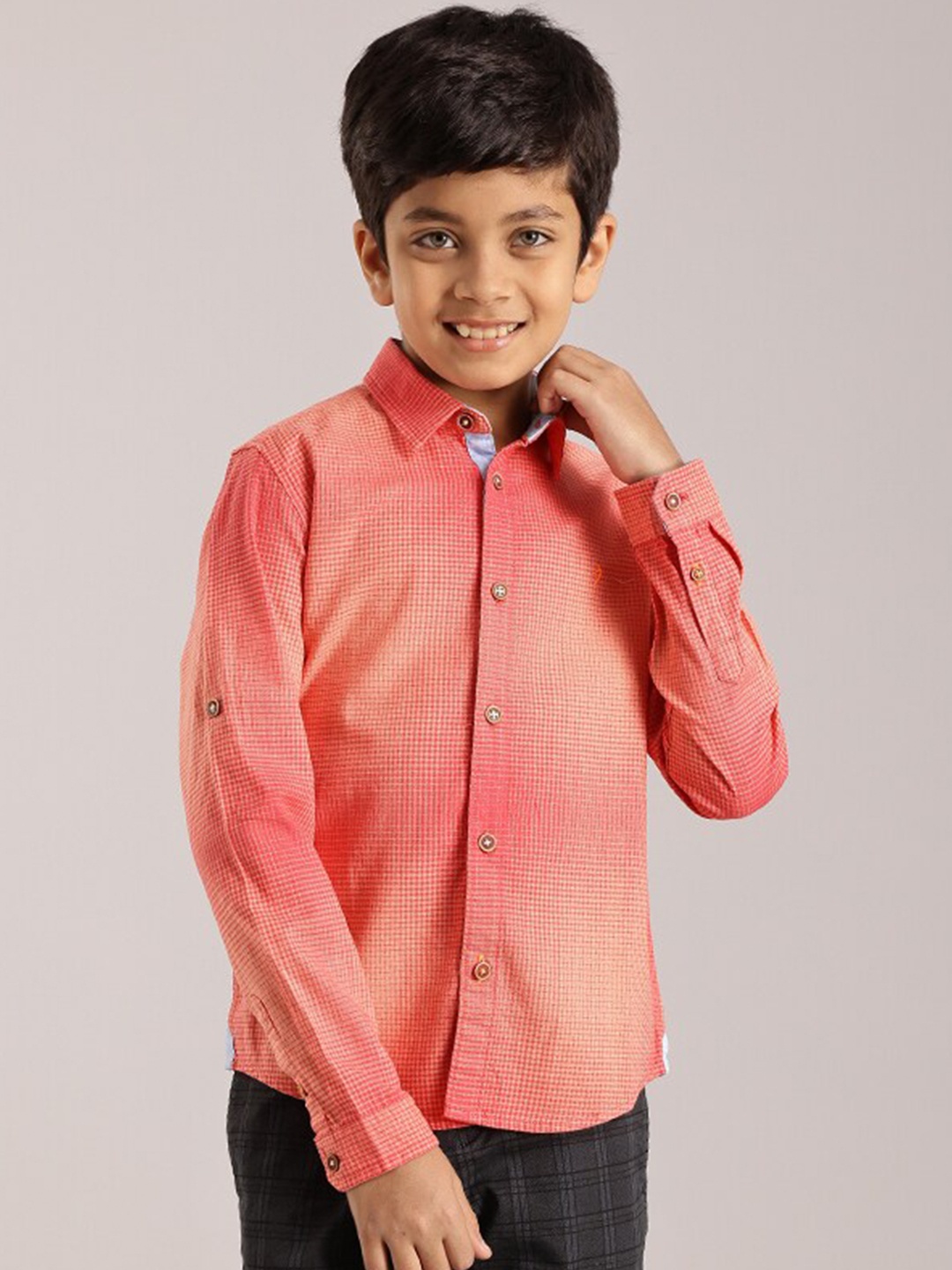 

Indian Terrain Boys Classic Fit Micro Checked Casual Pure Cotton Shirt, Red