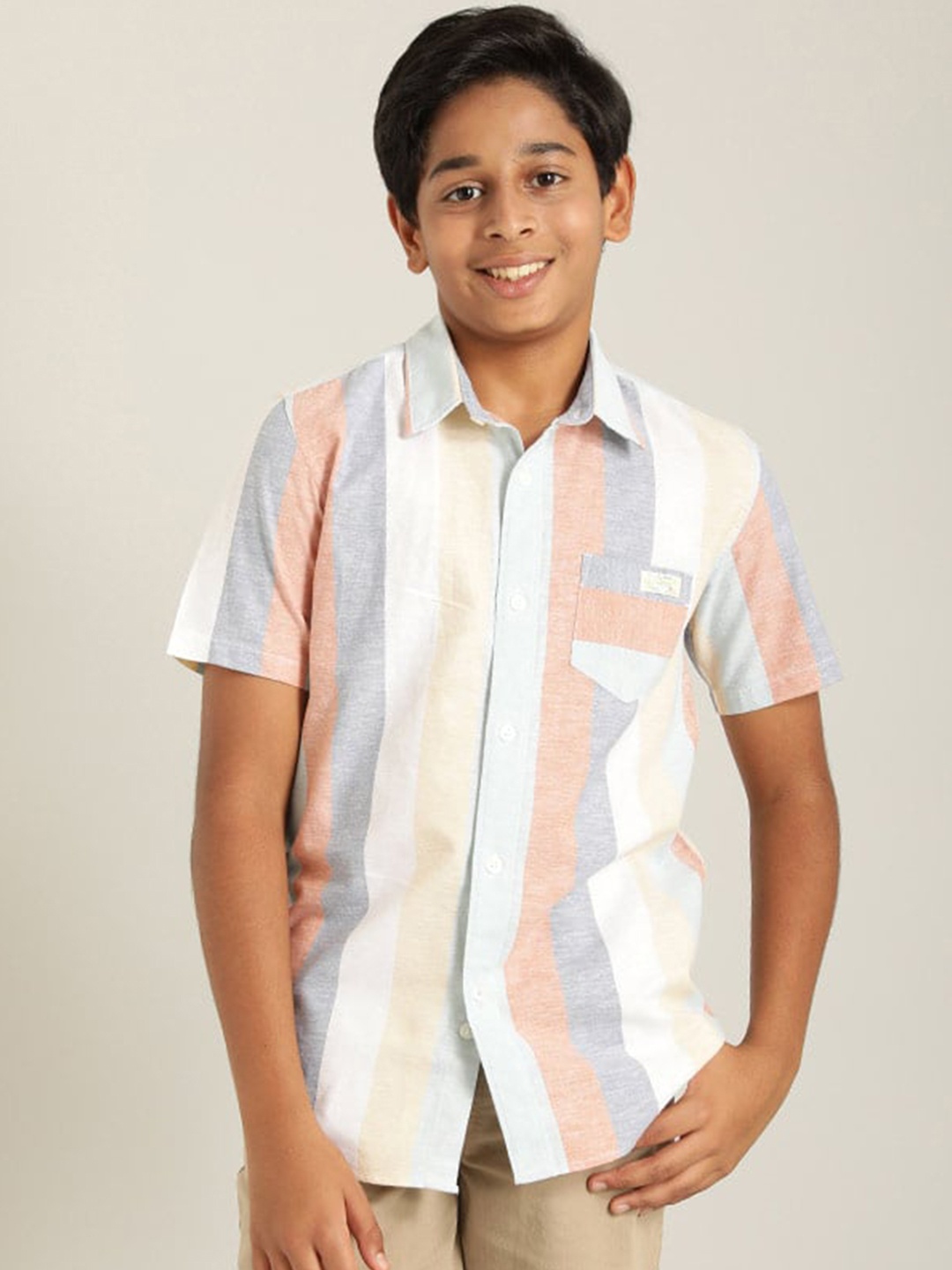 

Indian Terrain Boys Classic Vertical Striped Pure Cotton Casual Shirt, Beige